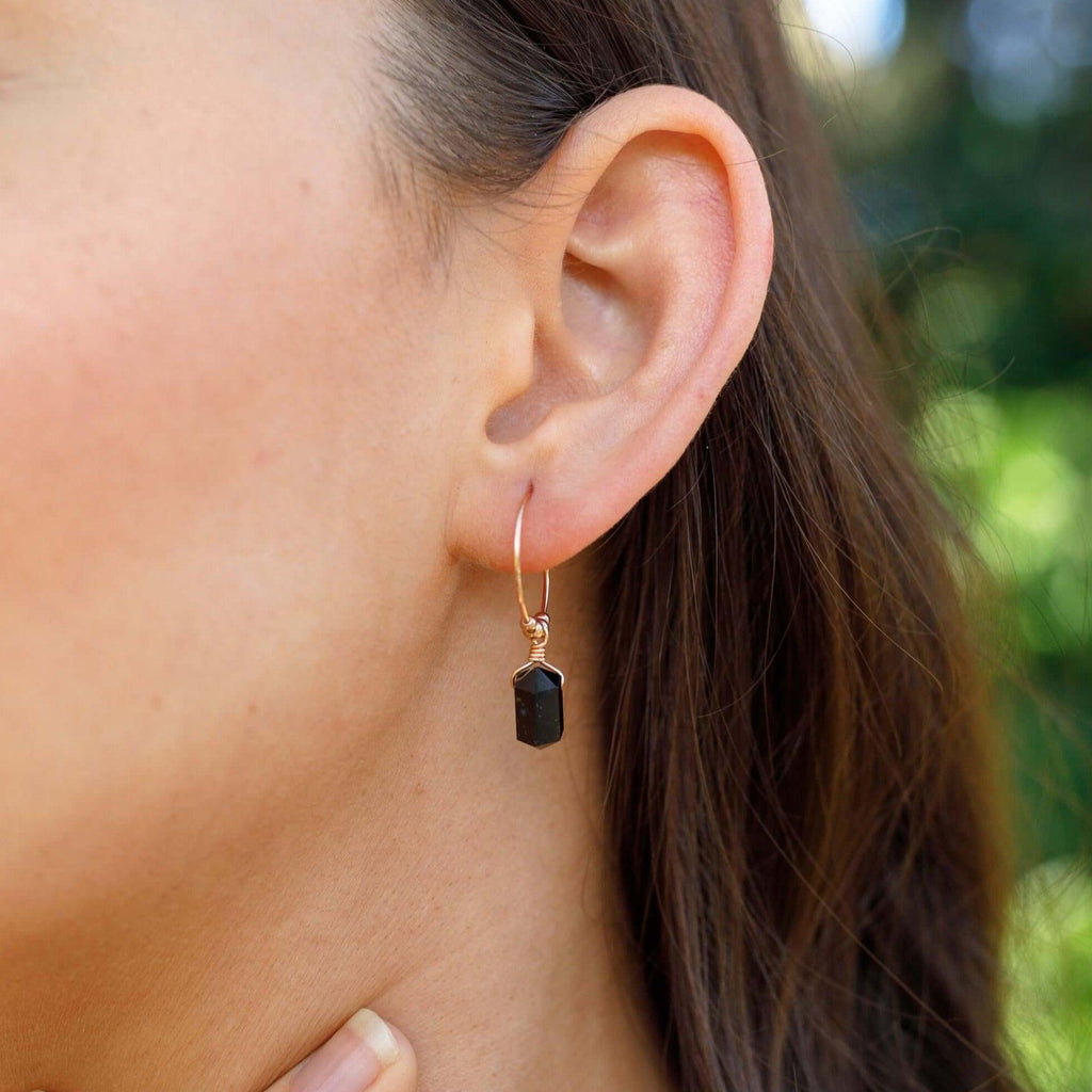 Double Terminated Black Tourmaline Mini Crystal Point Dangle Hoop Earrings - Double Terminated Black Tourmaline Mini Crystal Point Dangle Hoop Earrings - Sterling Silver - Luna Tide Handmade Crystal Jewellery