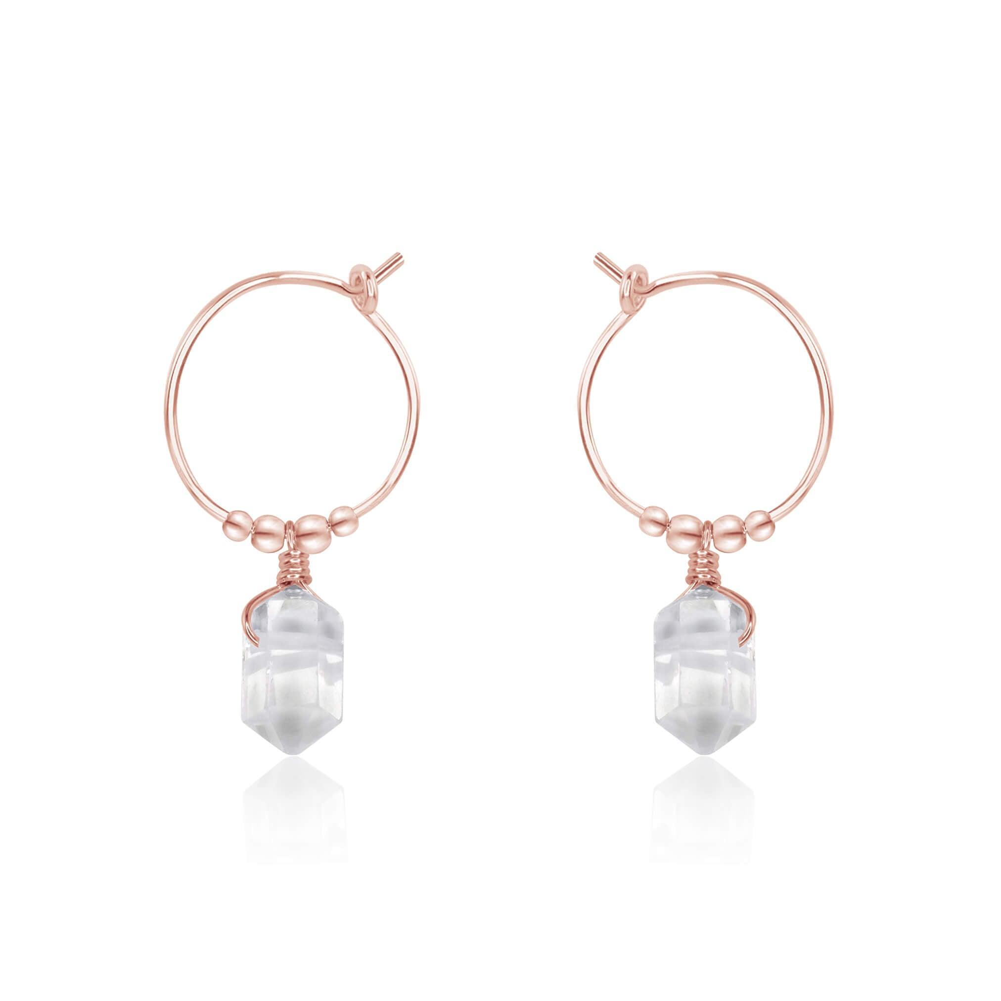 Double Terminated Crystal Quartz Mini Crystal Point Dangle Hoop Earrings - Double Terminated Crystal Quartz Mini Crystal Point Dangle Hoop Earrings - 14k Rose Gold Fill - Luna Tide Handmade Crystal Jewellery