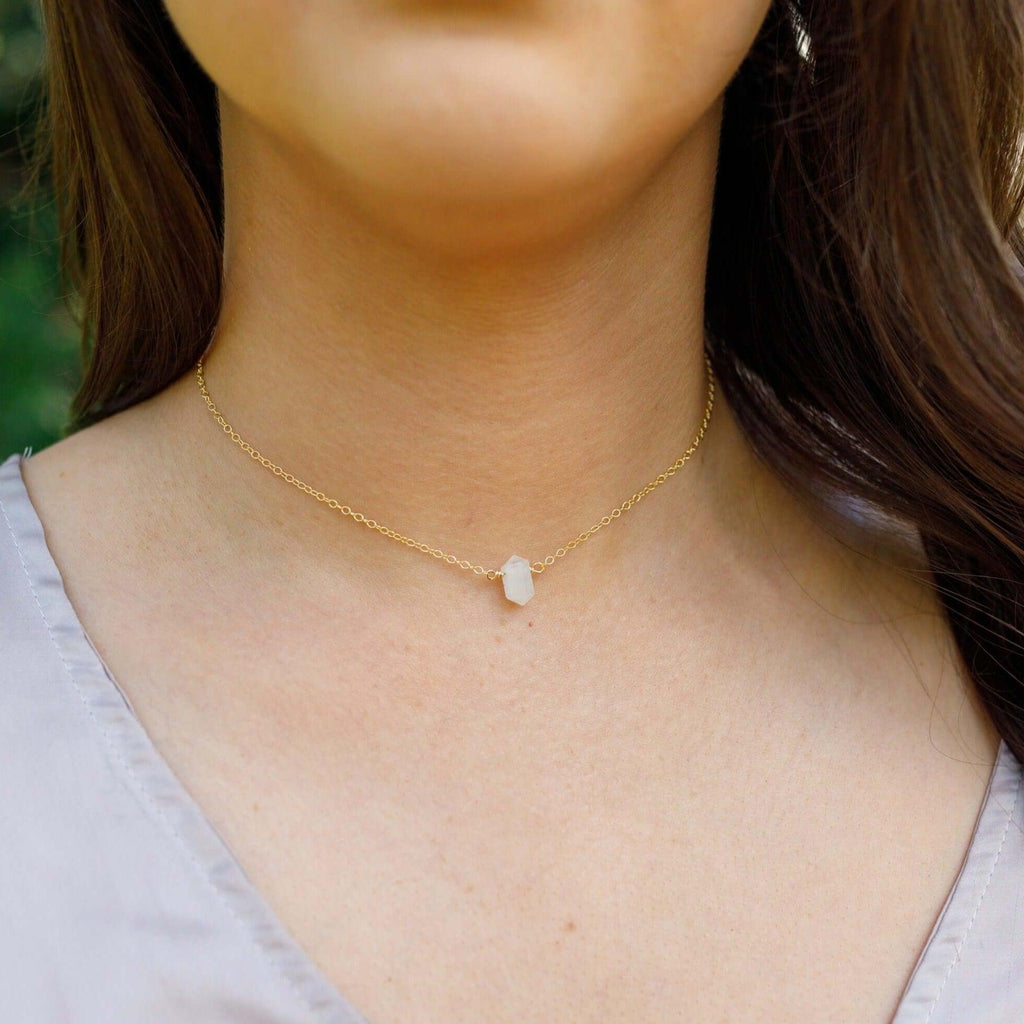 Double Terminated Rainbow Moonstone Mini Crystal Point Choker Necklace - Double Terminated Rainbow Moonstone Mini Crystal Point Choker Necklace - 14k Gold Fill - Luna Tide Handmade Crystal Jewellery