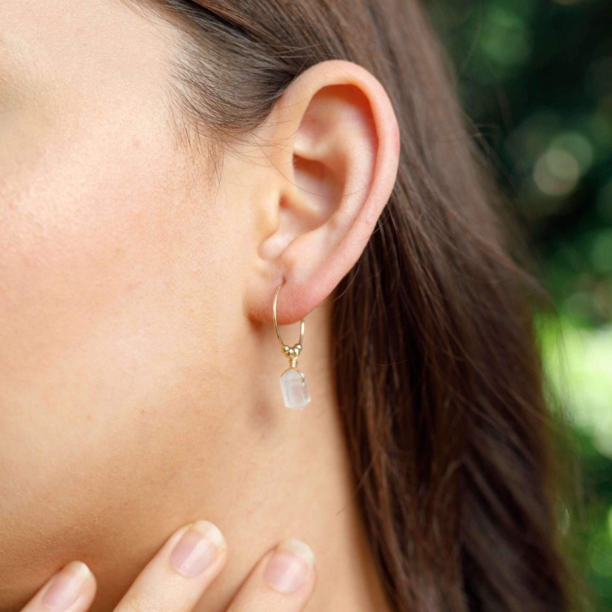 Double Terminated Rainbow Moonstone Mini Crystal Point Dangle Hoop Earrings - Double Terminated Rainbow Moonstone Mini Crystal Point Dangle Hoop Earrings - 14k Gold Fill - Luna Tide Handmade Crystal Jewellery