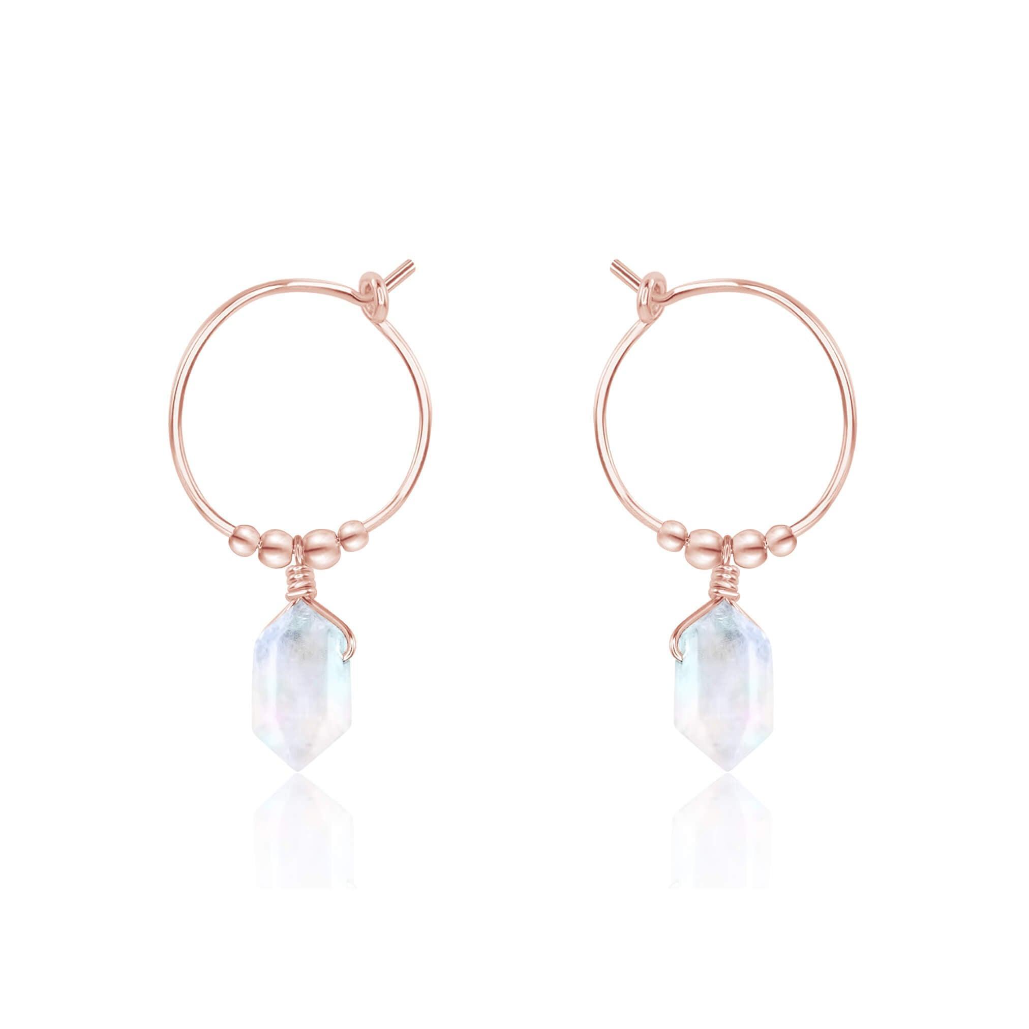 Double Terminated Rainbow Moonstone Mini Crystal Point Dangle Hoop Earrings - Double Terminated Rainbow Moonstone Mini Crystal Point Dangle Hoop Earrings - 14k Rose Gold Fill - Luna Tide Handmade Crystal Jewellery