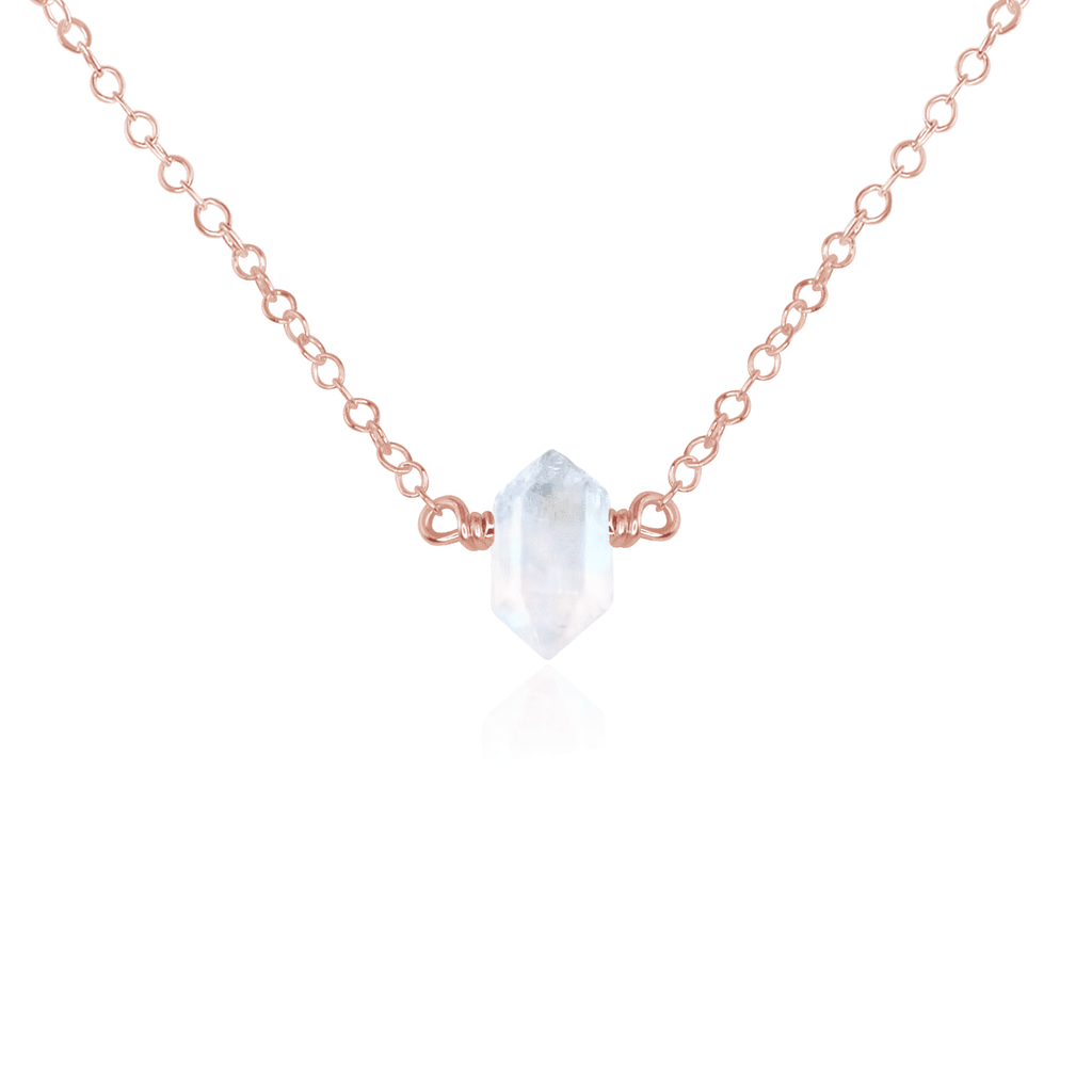 Double Terminated Rainbow Moonstone Mini Crystal Point Necklace - Double Terminated Rainbow Moonstone Mini Crystal Point Necklace - 14k Rose Gold Fill - Luna Tide Handmade Crystal Jewellery