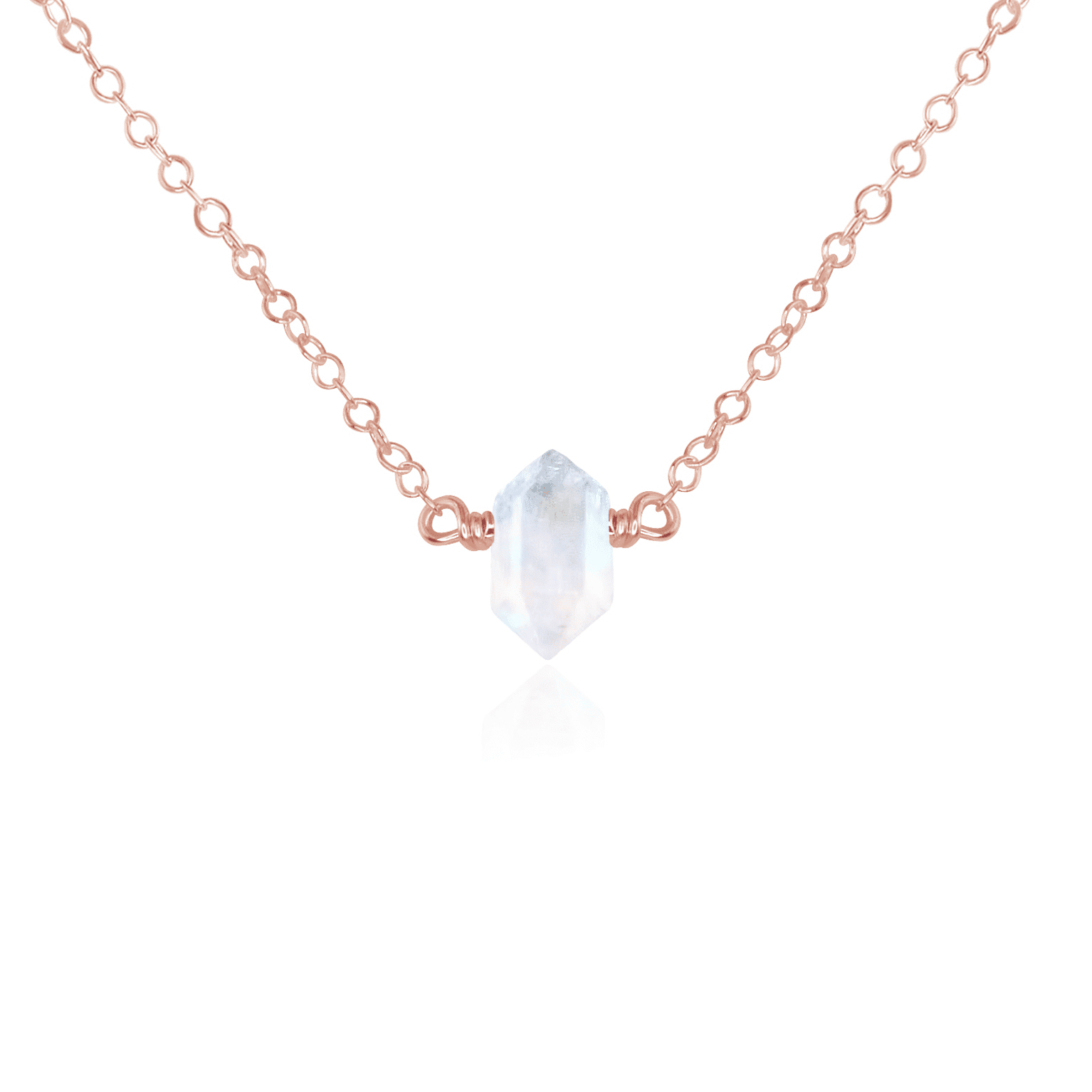 Double Terminated Rainbow Moonstone Mini Crystal Point Necklace - Double Terminated Rainbow Moonstone Mini Crystal Point Necklace - 14k Rose Gold Fill - Luna Tide Handmade Crystal Jewellery