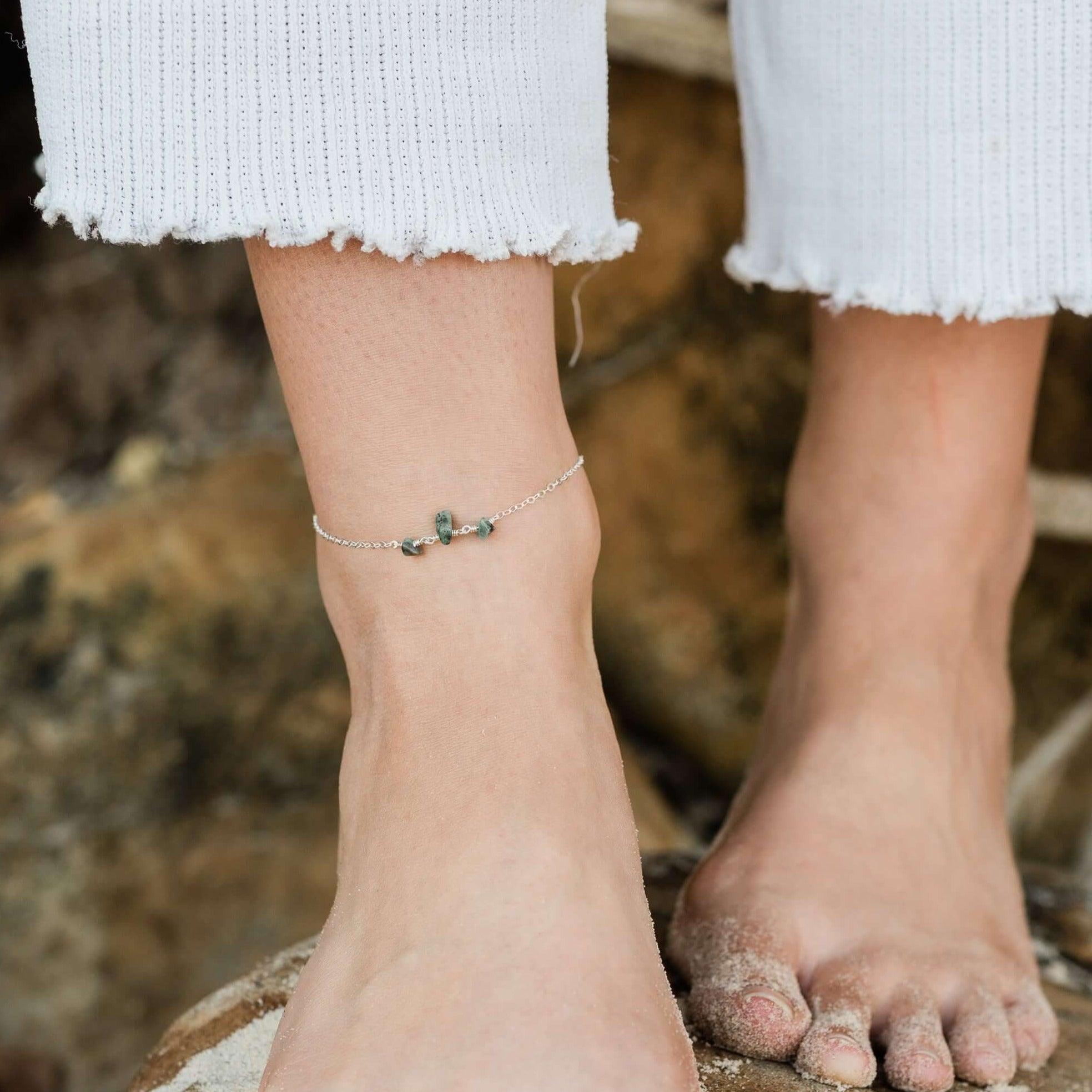 Emerald Beaded Chain Anklet - Emerald Beaded Chain Anklet - Sterling Silver - Luna Tide Handmade Crystal Jewellery
