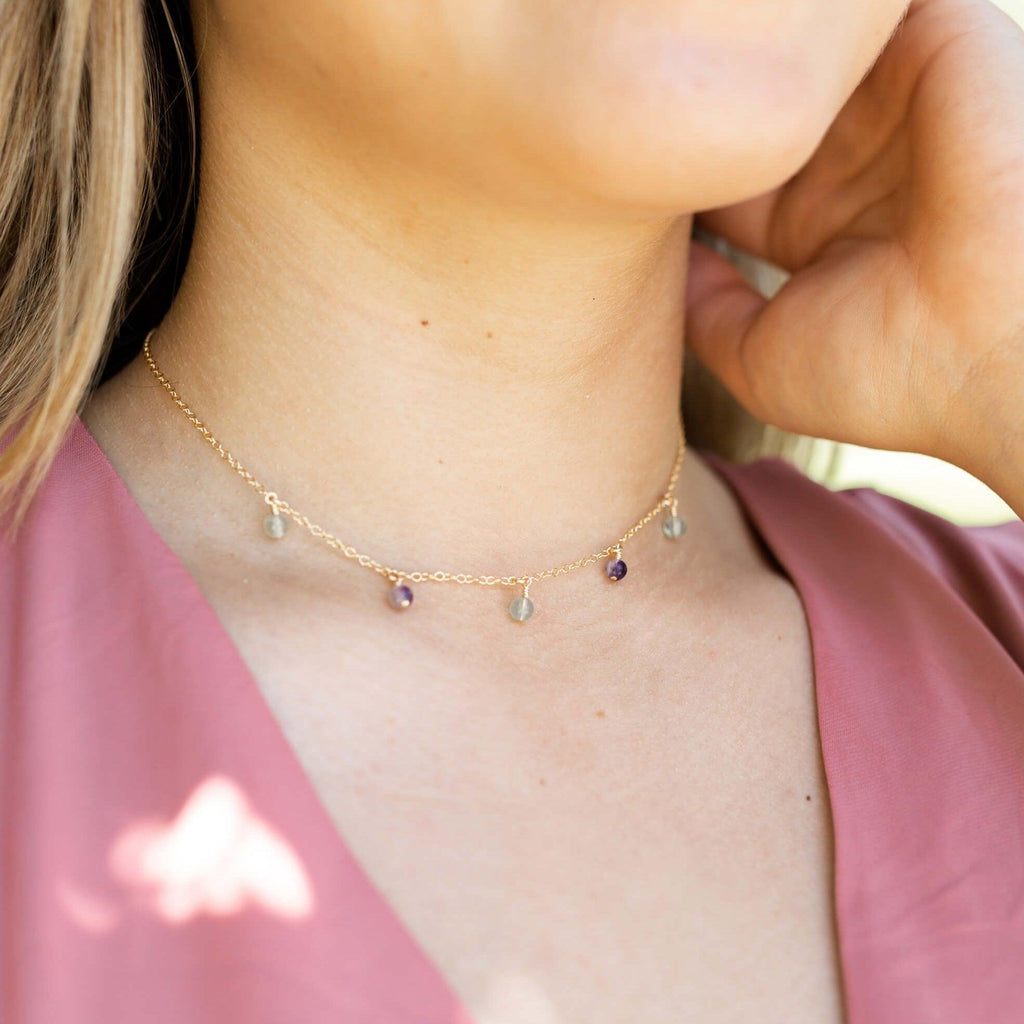 Fluorite Bead Drop Choker - Fluorite Bead Drop Choker - Sterling Silver - Luna Tide Handmade Crystal Jewellery