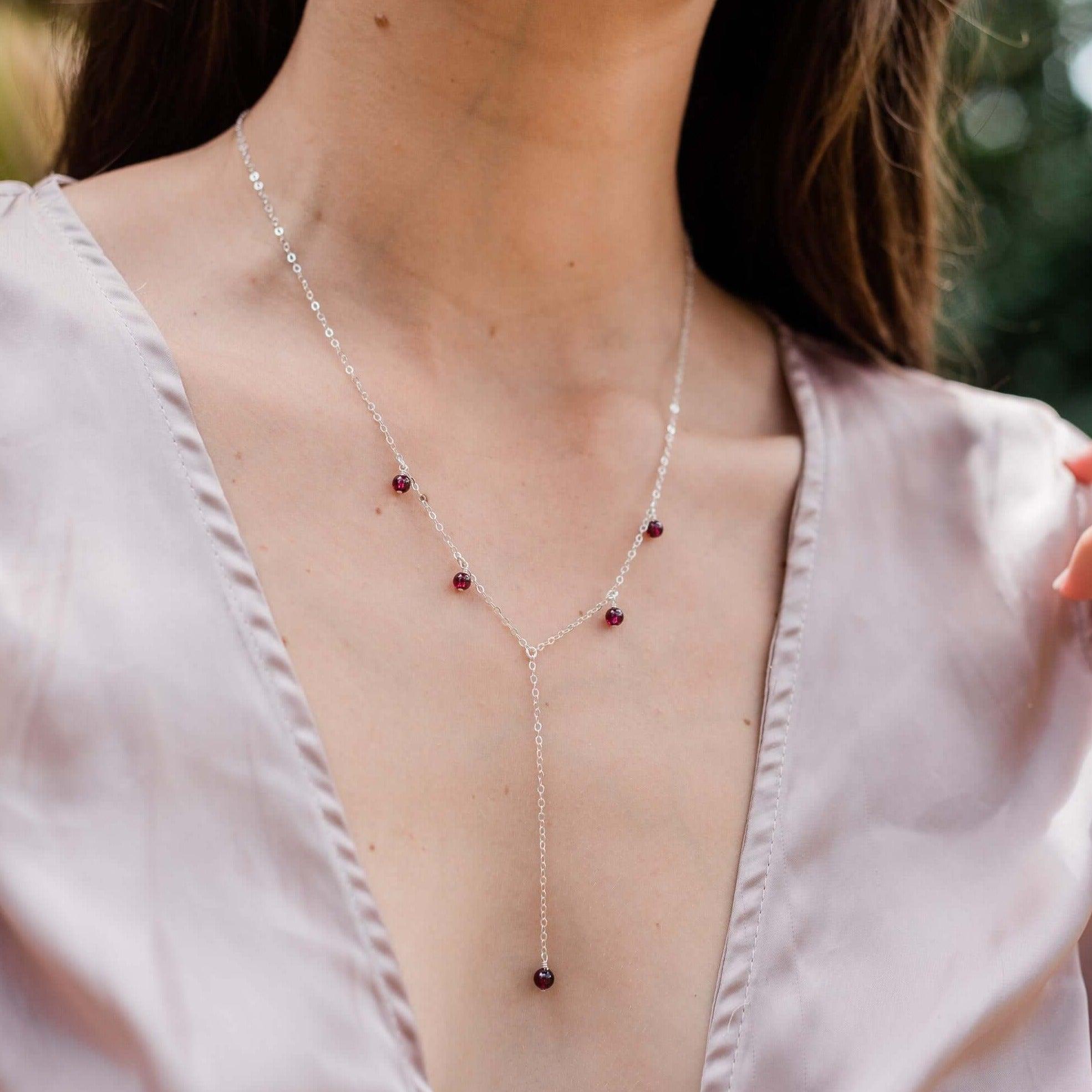 Garnet Boho Lariat Necklace - Garnet Boho Lariat Necklace - 14k Gold Fill - Luna Tide Handmade Crystal Jewellery