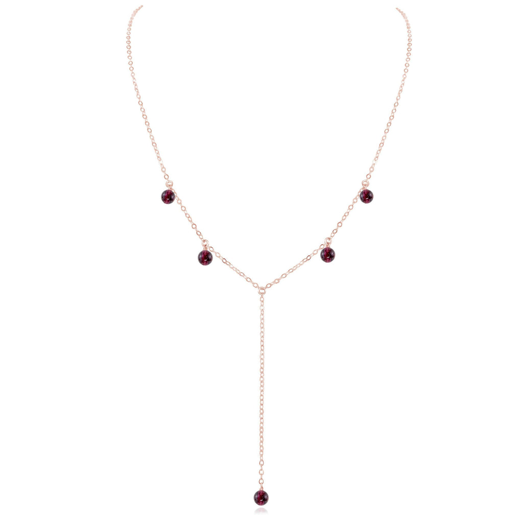Garnet Boho Lariat Necklace - Garnet Boho Lariat Necklace - 14k Rose Gold Fill - Luna Tide Handmade Crystal Jewellery