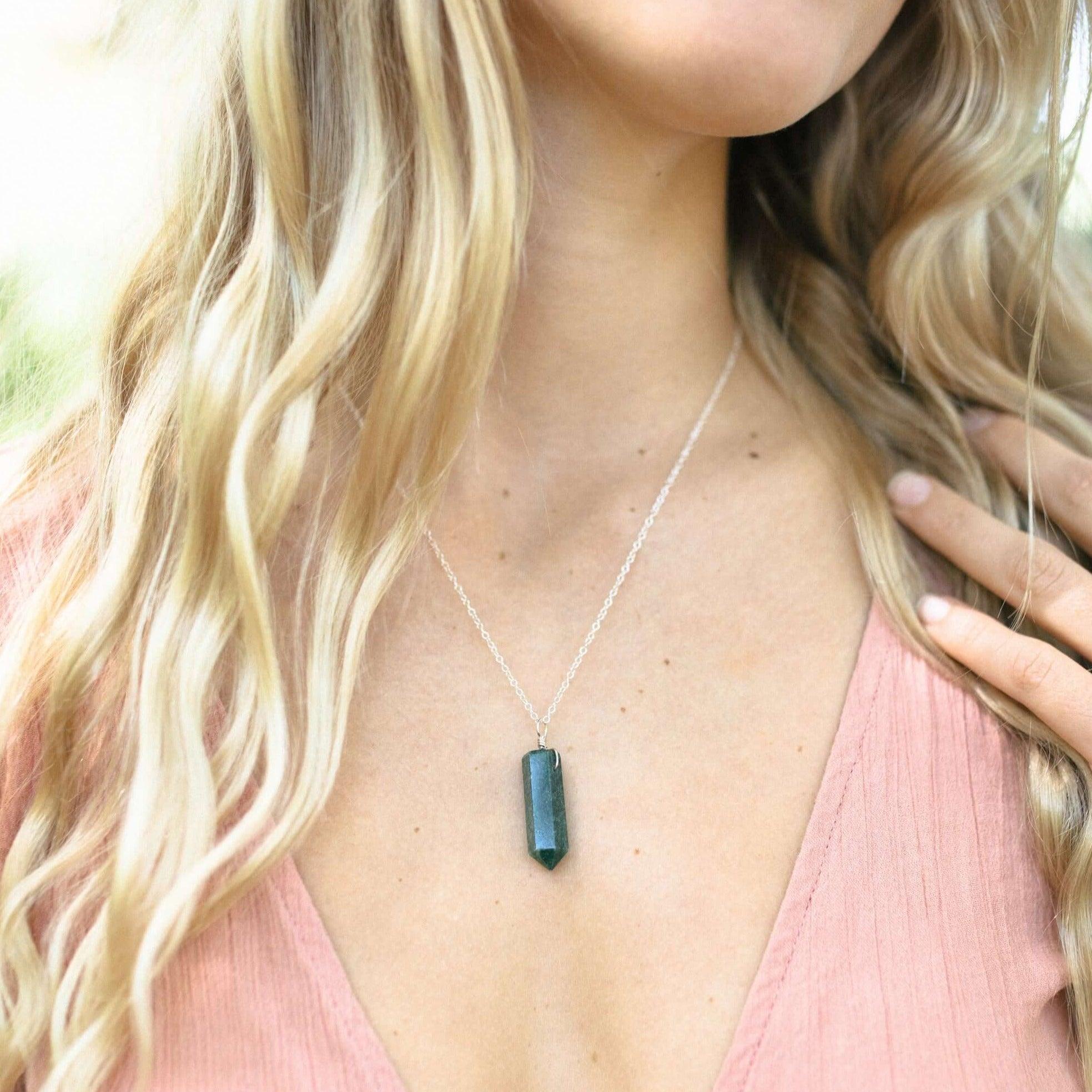 Green Aventurine Crystal Generator Point Pendant Necklace - Green Aventurine Crystal Generator Point Pendant Necklace - Sterling Silver / Cable - Luna Tide Handmade Crystal Jewellery