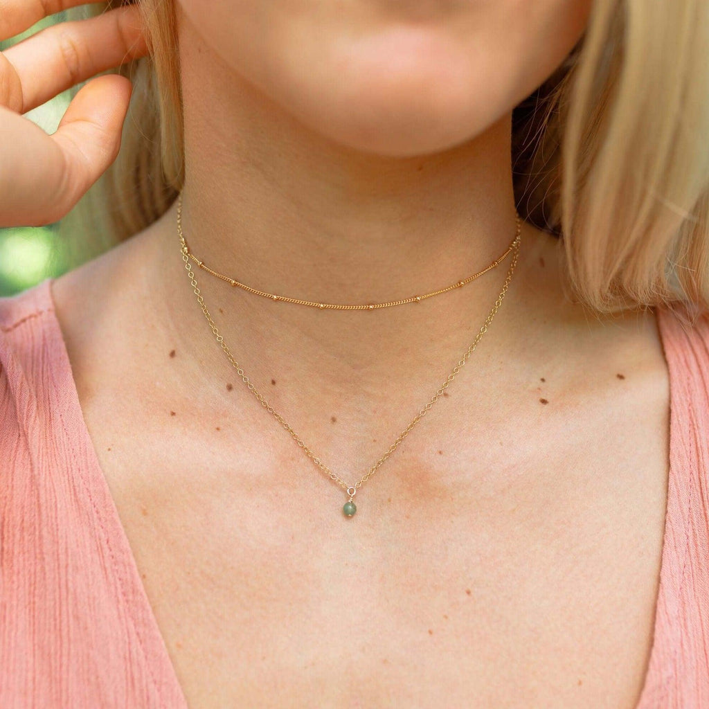 Green Aventurine Gemstone Chain Layered Choker Necklace - Green Aventurine Gemstone Chain Layered Choker Necklace - 14k Gold Fill - Luna Tide Handmade Crystal Jewellery