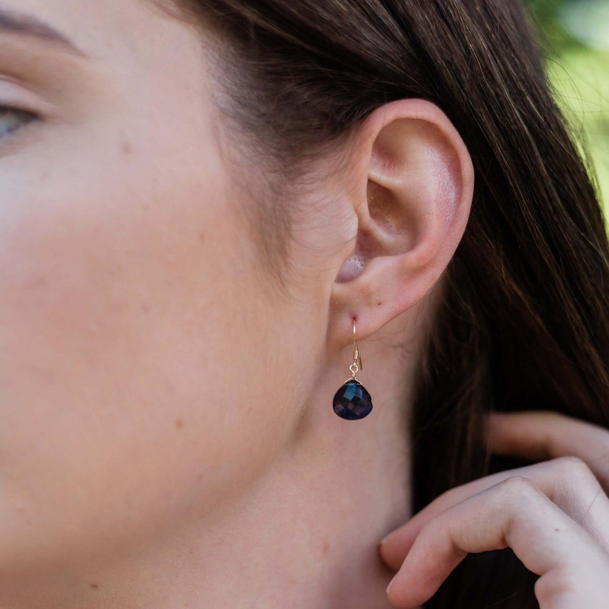 Iolite Gemstone Teardrop Dangle Earrings - Iolite Gemstone Teardrop Dangle Earrings - 14k Gold Fill - Luna Tide Handmade Crystal Jewellery