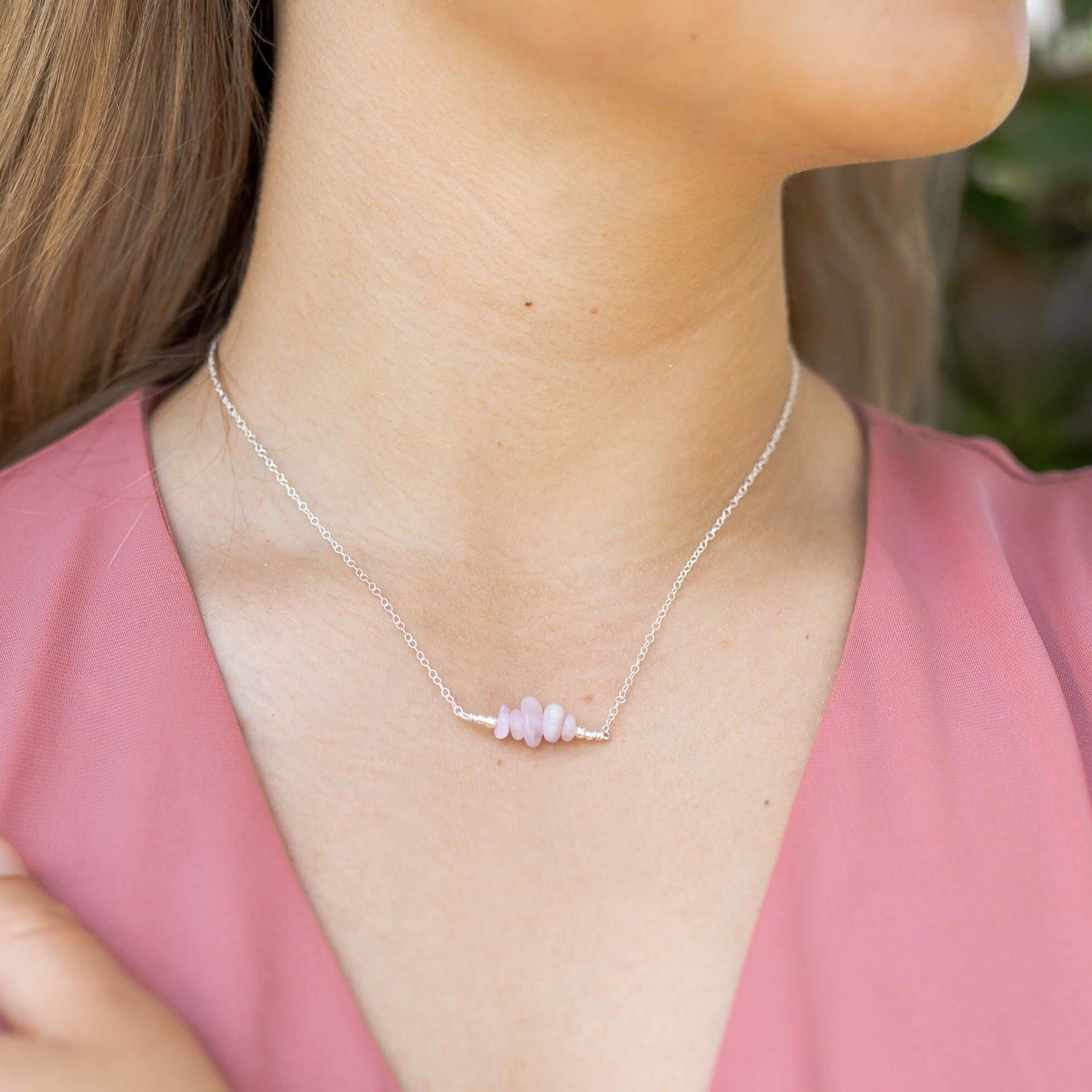 Kunzite Chip Bead Bar Necklace - Kunzite Chip Bead Bar Necklace - Sterling Silver - Luna Tide Handmade Crystal Jewellery