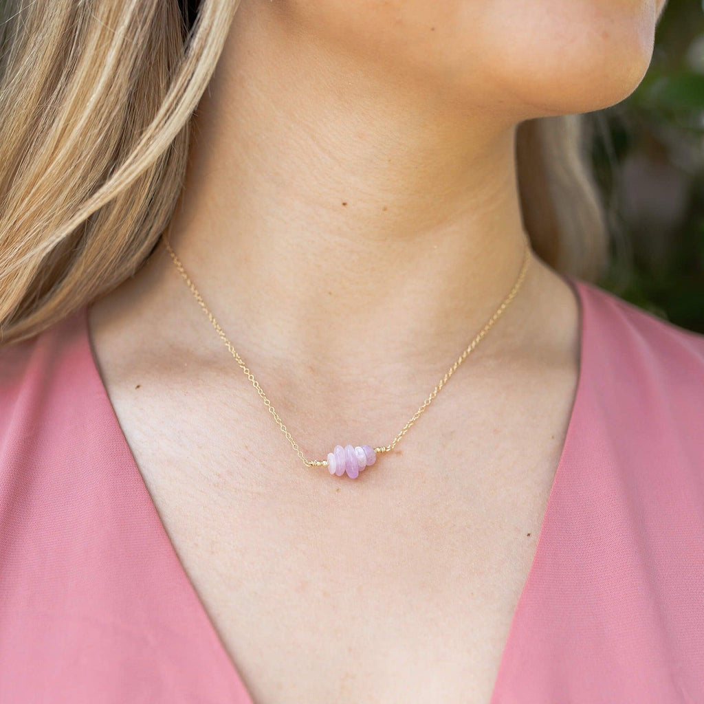 Kunzite Chip Bead Bar Necklace - Kunzite Chip Bead Bar Necklace - Sterling Silver - Luna Tide Handmade Crystal Jewellery