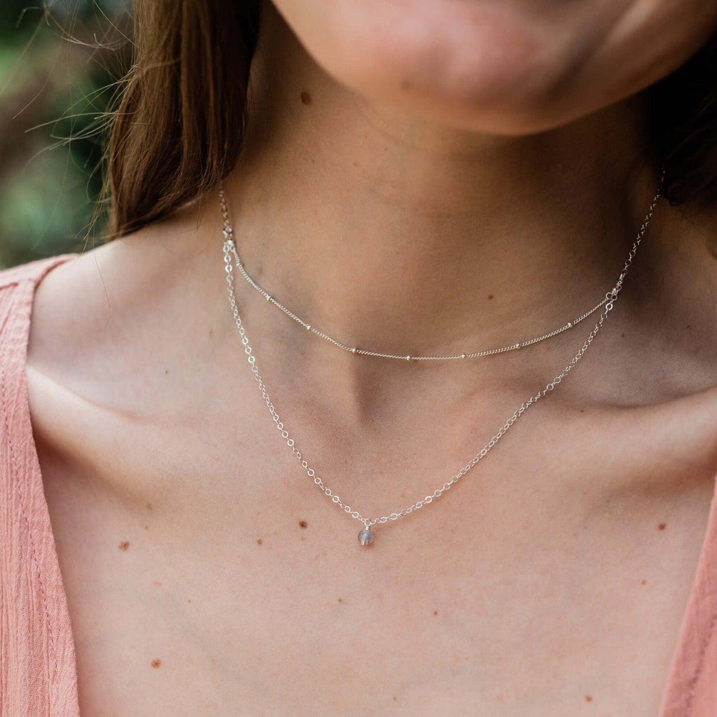Labradorite Gemstone Chain Layered Choker Necklace - Labradorite Gemstone Chain Layered Choker Necklace - Sterling Silver - Luna Tide Handmade Crystal Jewellery