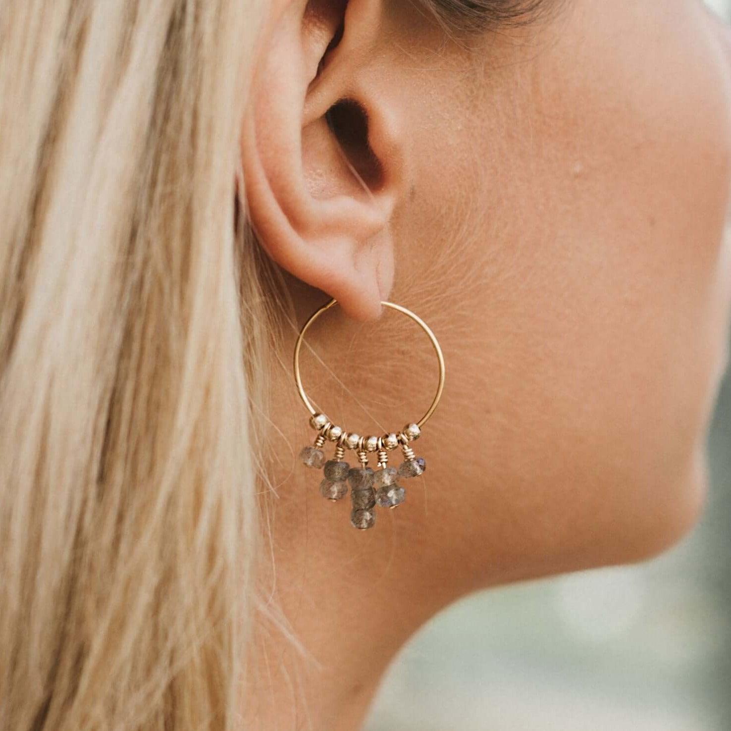 Labradorite Statement Hoop Earrings - Labradorite Statement Hoop Earrings - 14k Gold Fill - Luna Tide Handmade Crystal Jewellery