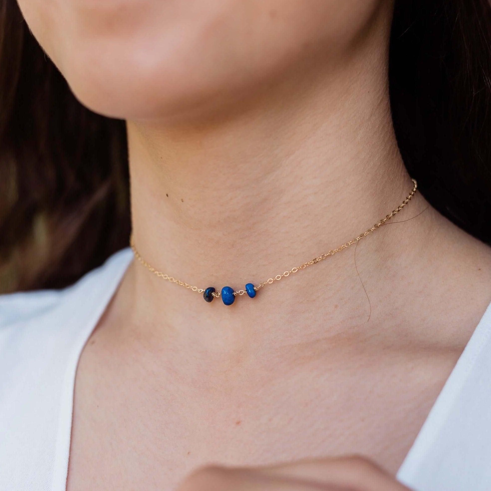 Lapis Lazuli Beaded Chain Choker Necklace - Lapis Lazuli Beaded Chain Choker Necklace - 14k Gold Fill - Luna Tide Handmade Crystal Jewellery