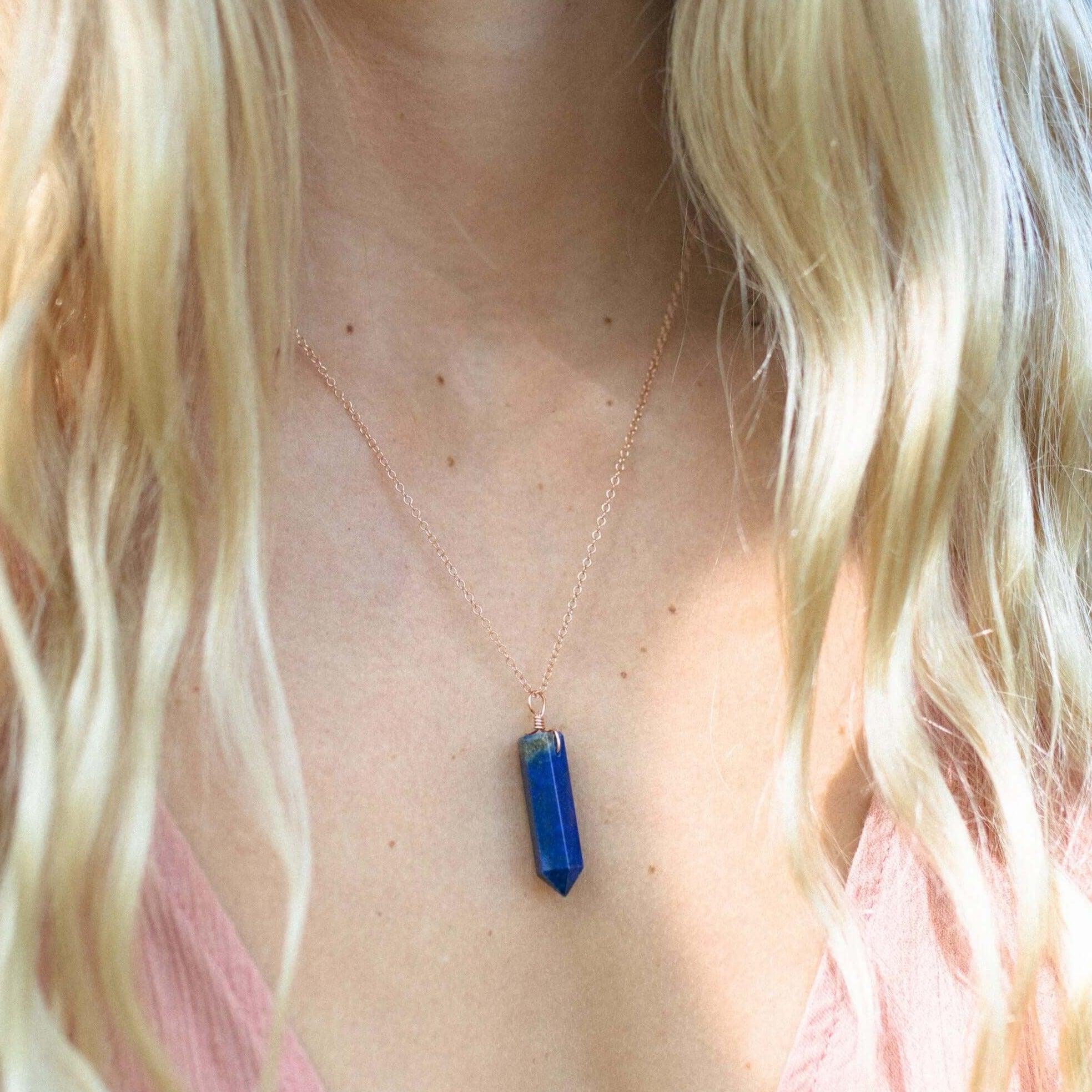 Lapis Lazuli Gemstone Generator Tower Point Pendant Necklace - Lapis Lazuli Gemstone Generator Tower Point Pendant Necklace - Sterling Silver / Satellite - Luna Tide Handmade Crystal Jewellery