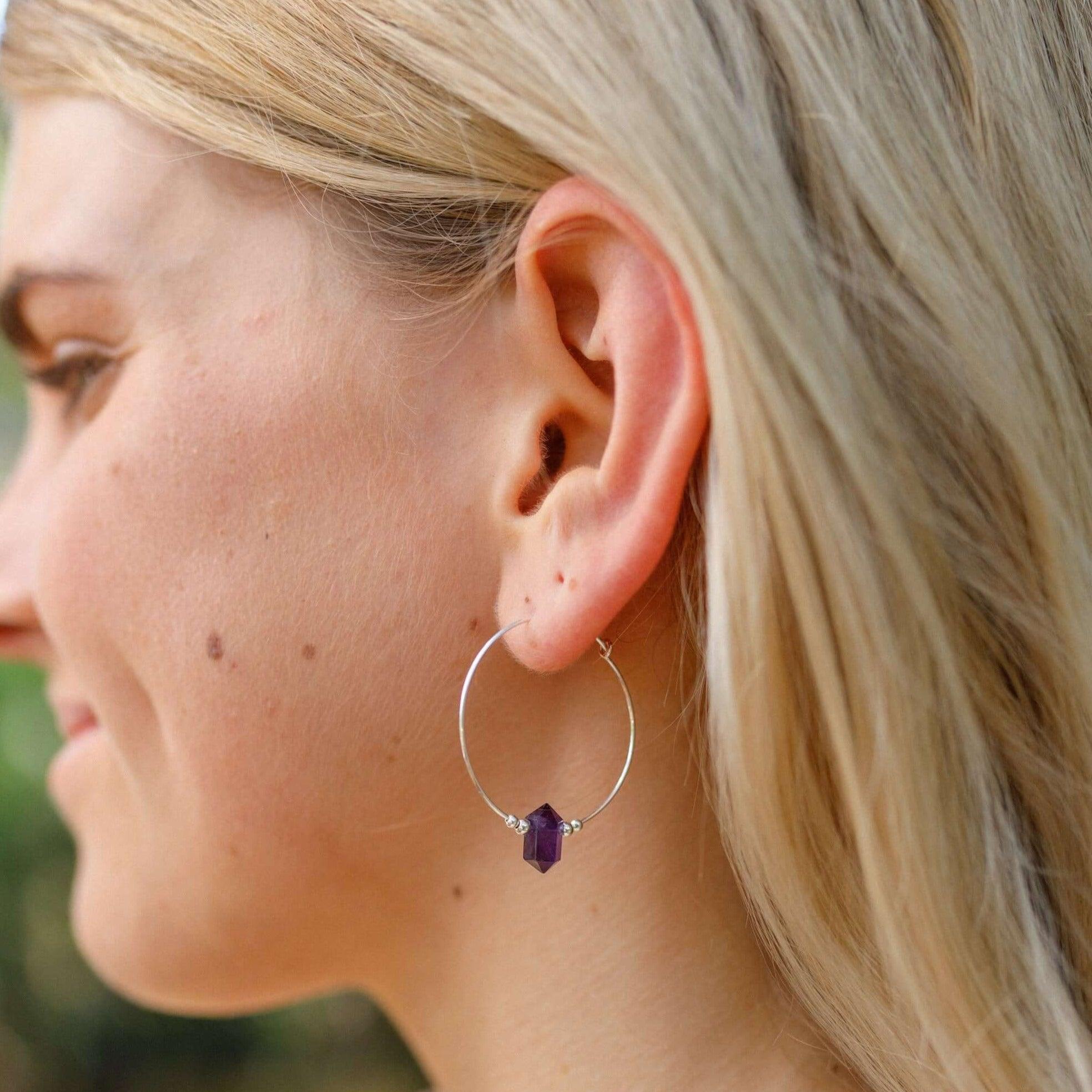 Large Hoop Amethyst Double Terminated Crystal Point Earrings - Large Hoop Amethyst Double Terminated Crystal Point Earrings - Sterling Silver - Luna Tide Handmade Crystal Jewellery