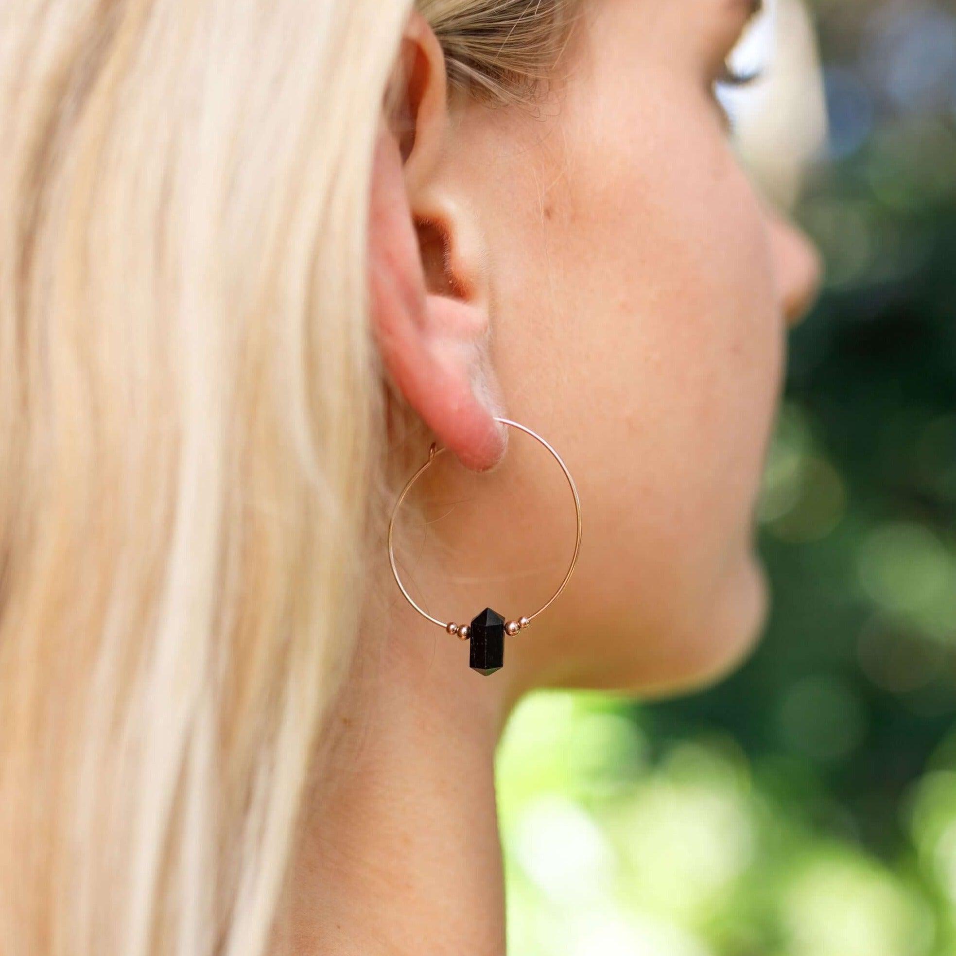 Large Hoop Black Tourmaline Double Terminated Crystal Point Earrings - Large Hoop Black Tourmaline Double Terminated Crystal Point Earrings - Sterling Silver - Luna Tide Handmade Crystal Jewellery