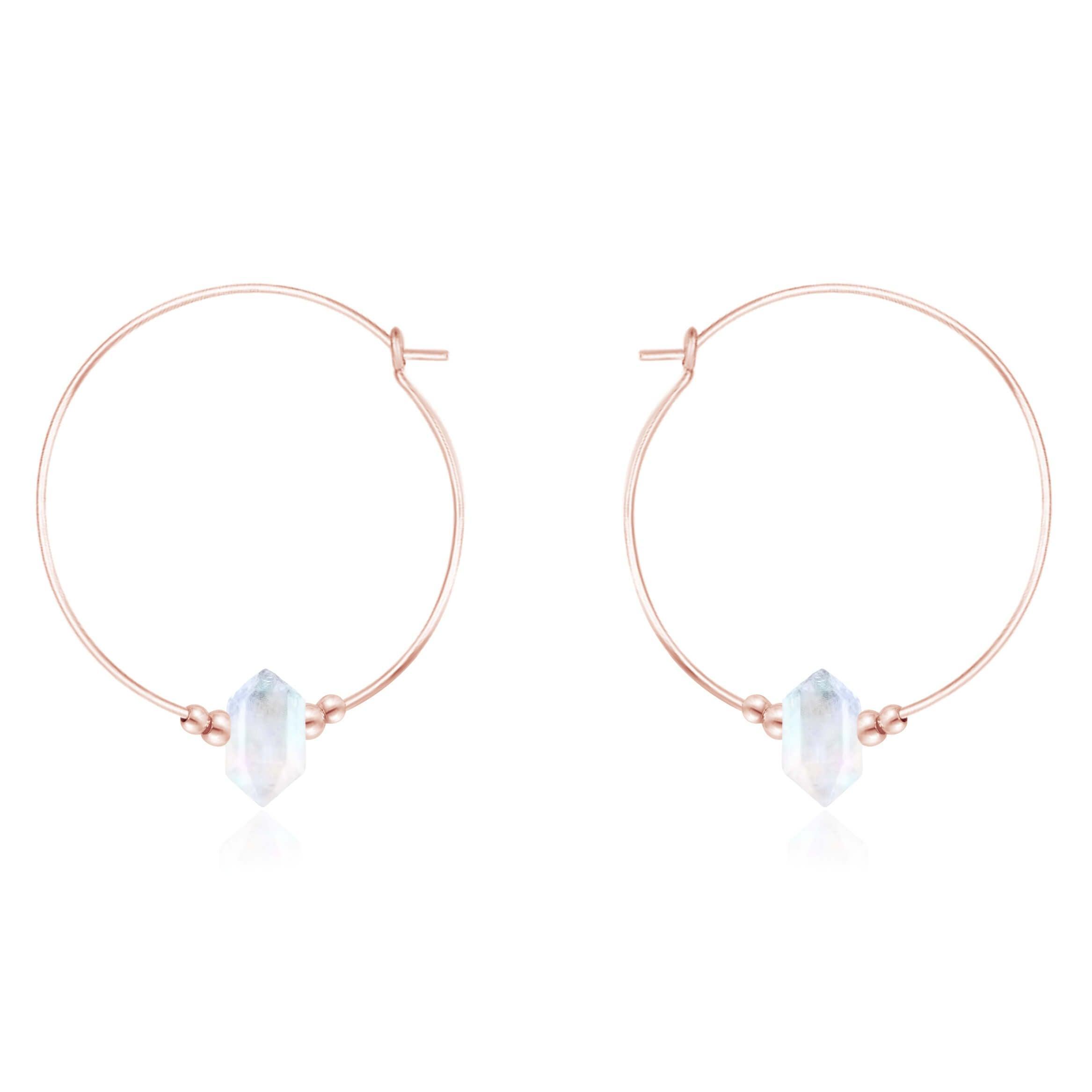 Large Hoop Rainbow Moonstone Double Terminated Crystal Point Earrings - Large Hoop Rainbow Moonstone Double Terminated Crystal Point Earrings - 14k Rose Gold Fill - Luna Tide Handmade Crystal Jewellery