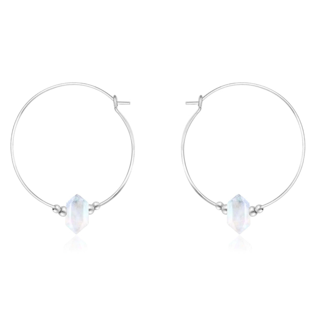 Large Hoop Rainbow Moonstone Double Terminated Crystal Point Earrings - Large Hoop Rainbow Moonstone Double Terminated Crystal Point Earrings - Sterling Silver - Luna Tide Handmade Crystal Jewellery