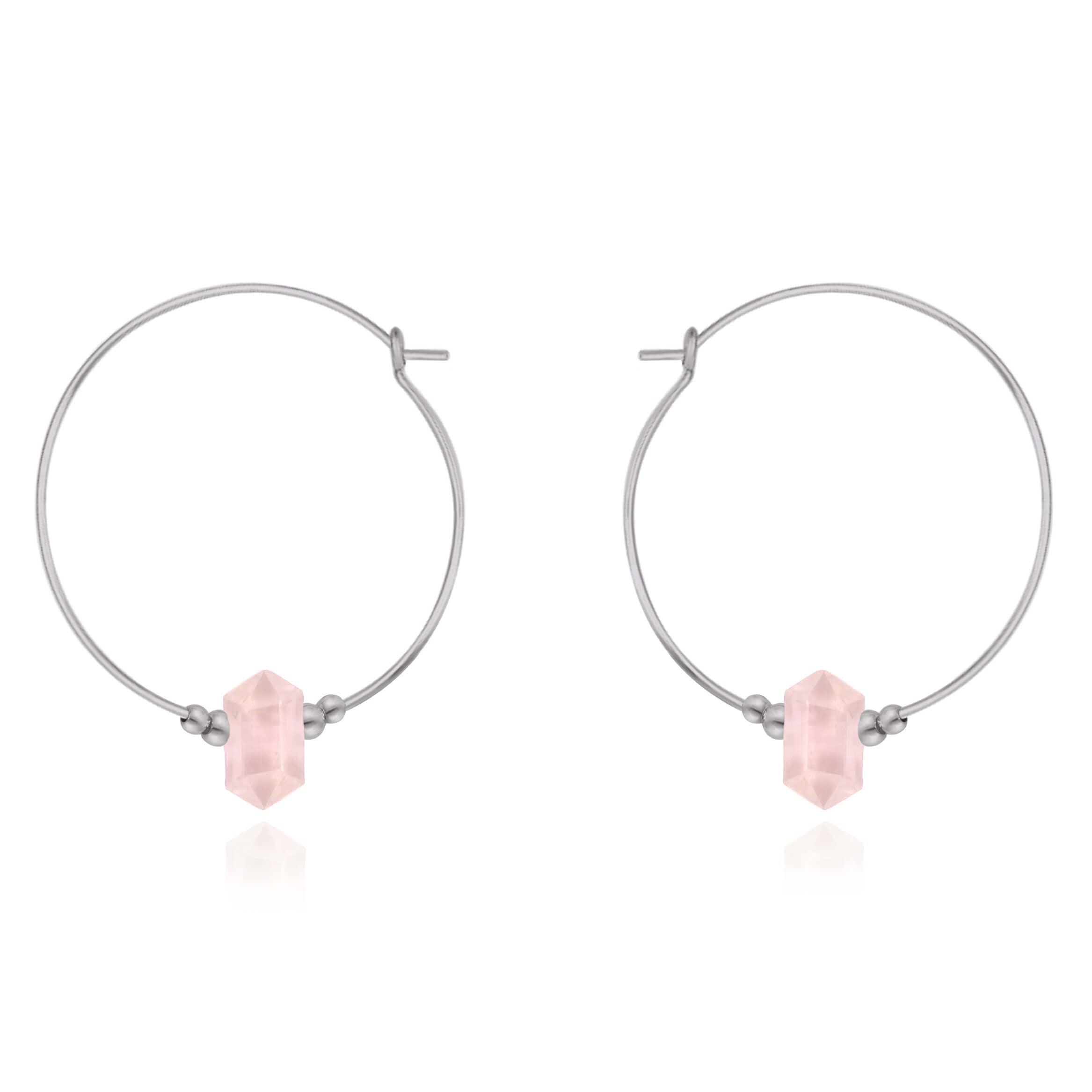 Large Hoop Rose Quartz Double Terminated Crystal Point Earrings - Large Hoop Rose Quartz Double Terminated Crystal Point Earrings - Stainless Steel - Luna Tide Handmade Crystal Jewellery