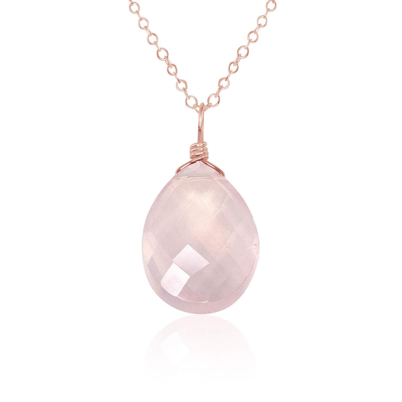 Large Rose Quartz Faceted Teardrop Crystal Pendant Necklace - Large Rose Quartz Faceted Teardrop Crystal Pendant Necklace - 14k Rose Gold Fill / Cable - Luna Tide Handmade Crystal Jewellery