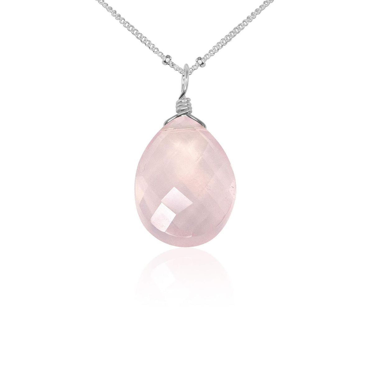 Large Rose Quartz Faceted Teardrop Crystal Pendant Necklace - Large Rose Quartz Faceted Teardrop Crystal Pendant Necklace - Sterling Silver / Satellite - Luna Tide Handmade Crystal Jewellery