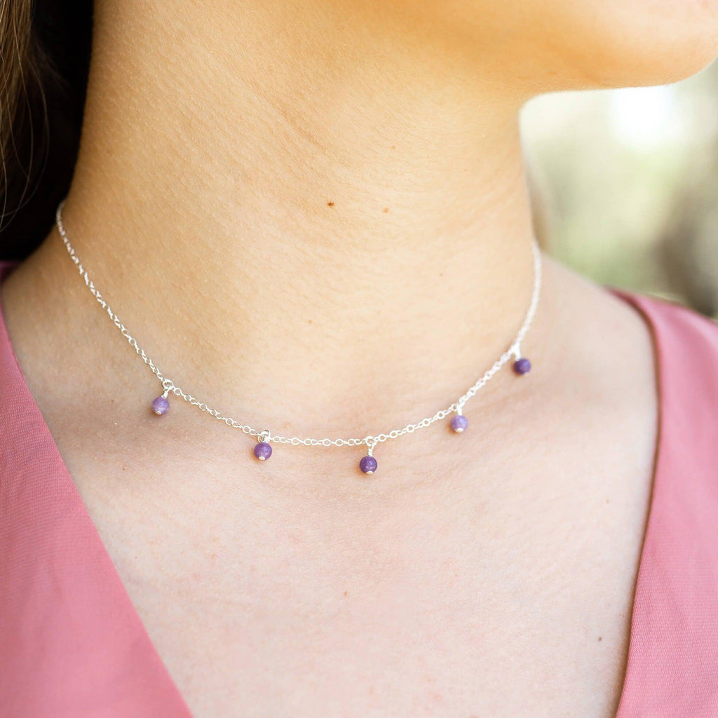 Lepidolite Bead Drop Choker - Lepidolite Bead Drop Choker - Sterling Silver - Luna Tide Handmade Crystal Jewellery