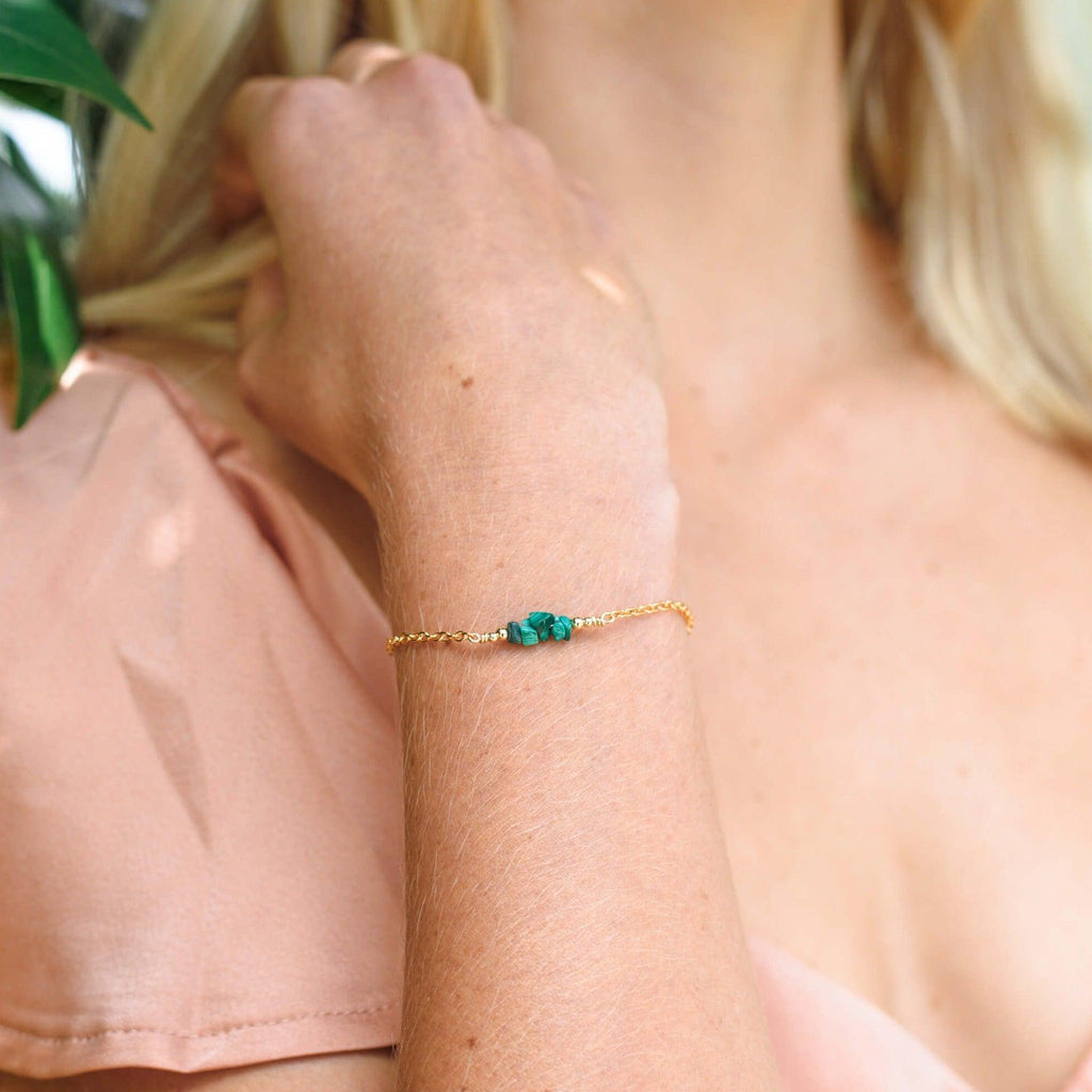 Malachite Chip Bead Bar Bracelet - Malachite Chip Bead Bar Bracelet - 14k Gold Fill - Luna Tide Handmade Crystal Jewellery