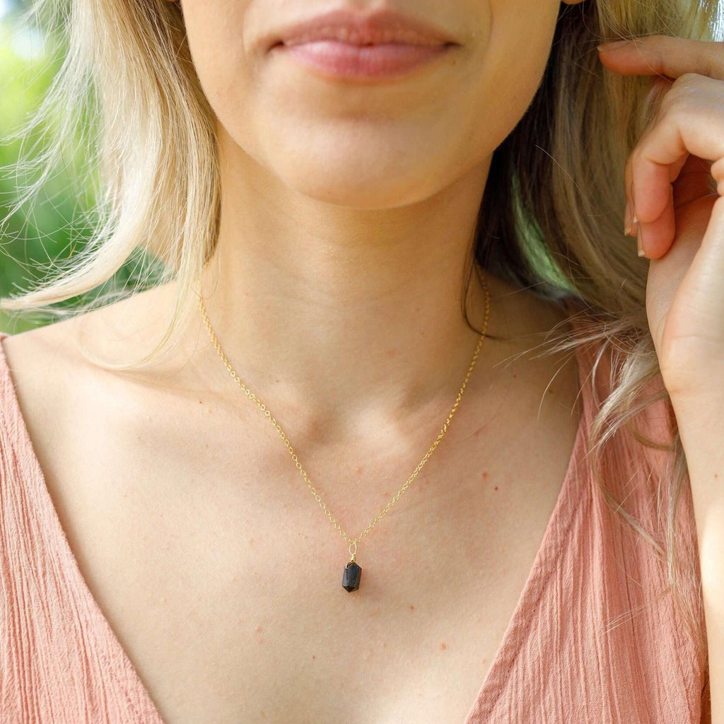 Mini Double Terminated Black Tourmaline Crystal Point Pendant Necklace - Mini Double Terminated Black Tourmaline Crystal Point Pendant Necklace - 14k Gold Fill / Satellite - Luna Tide Handmade Crystal Jewellery