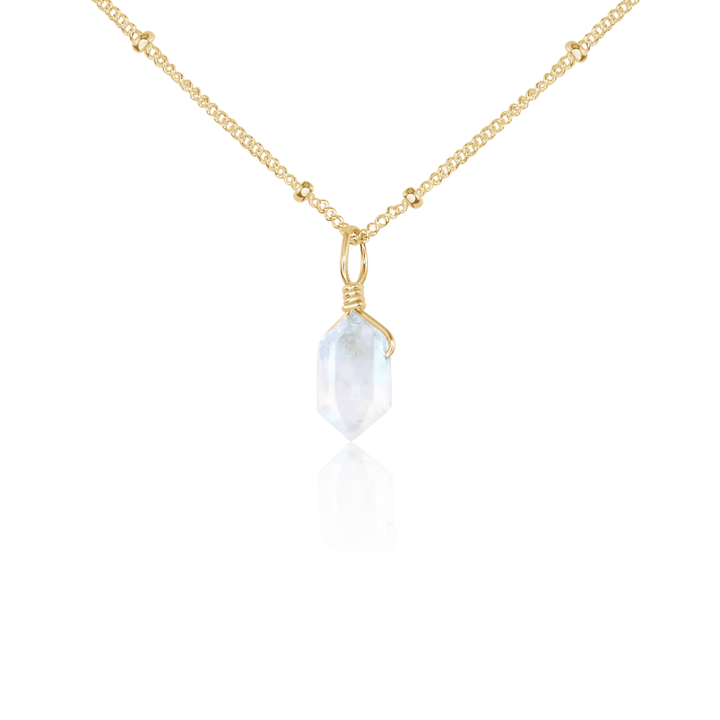 Mini Double Terminated Rainbow Moonstone Crystal Point Pendant Necklace - Mini Double Terminated Rainbow Moonstone Crystal Point Pendant Necklace - 14k Gold Fill / Satellite - Luna Tide Handmade Crystal Jewellery