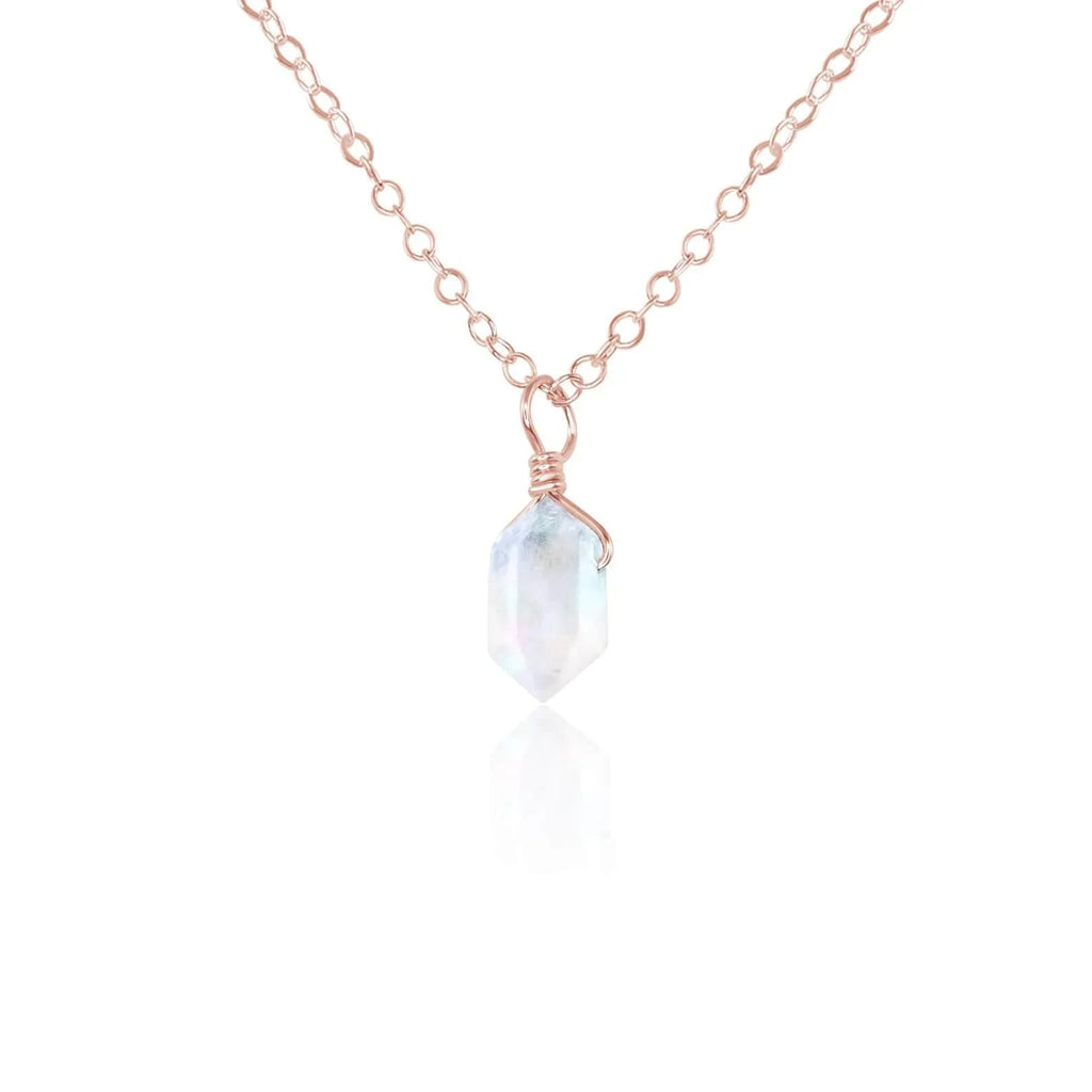 Mini Double Terminated Rainbow Moonstone Crystal Point Pendant Necklace - Mini Double Terminated Rainbow Moonstone Crystal Point Pendant Necklace - 14k Rose Gold Fill / Cable - Luna Tide Handmade Crystal Jewellery