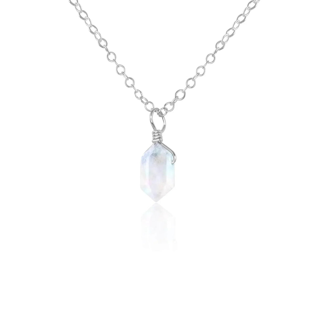 Mini Double Terminated Rainbow Moonstone Crystal Point Pendant Necklace - Mini Double Terminated Rainbow Moonstone Crystal Point Pendant Necklace - Sterling Silver / Cable - Luna Tide Handmade Crystal Jewellery