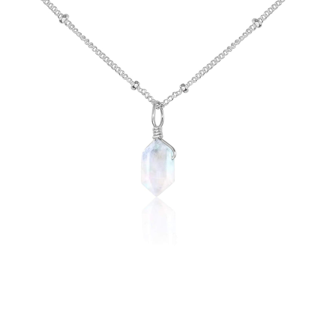 Mini Double Terminated Rainbow Moonstone Crystal Point Pendant Necklace - Mini Double Terminated Rainbow Moonstone Crystal Point Pendant Necklace - Sterling Silver / Satellite - Luna Tide Handmade Crystal Jewellery