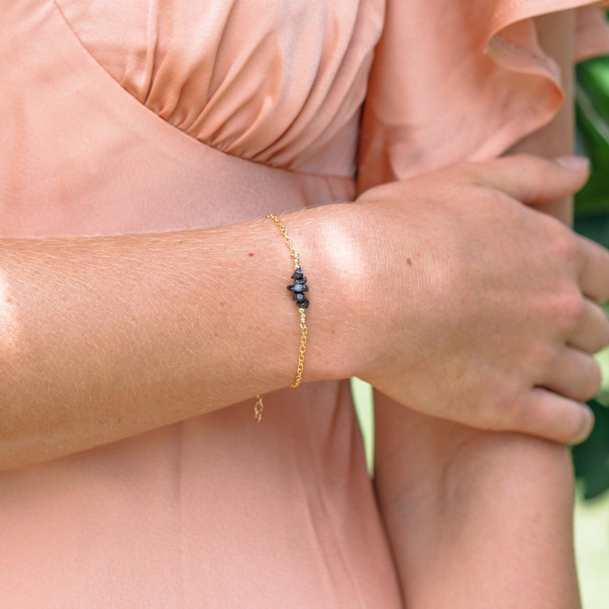 Obsidian Chip Bead Bar Bracelet - Obsidian Chip Bead Bar Bracelet - Sterling Silver - Luna Tide Handmade Crystal Jewellery