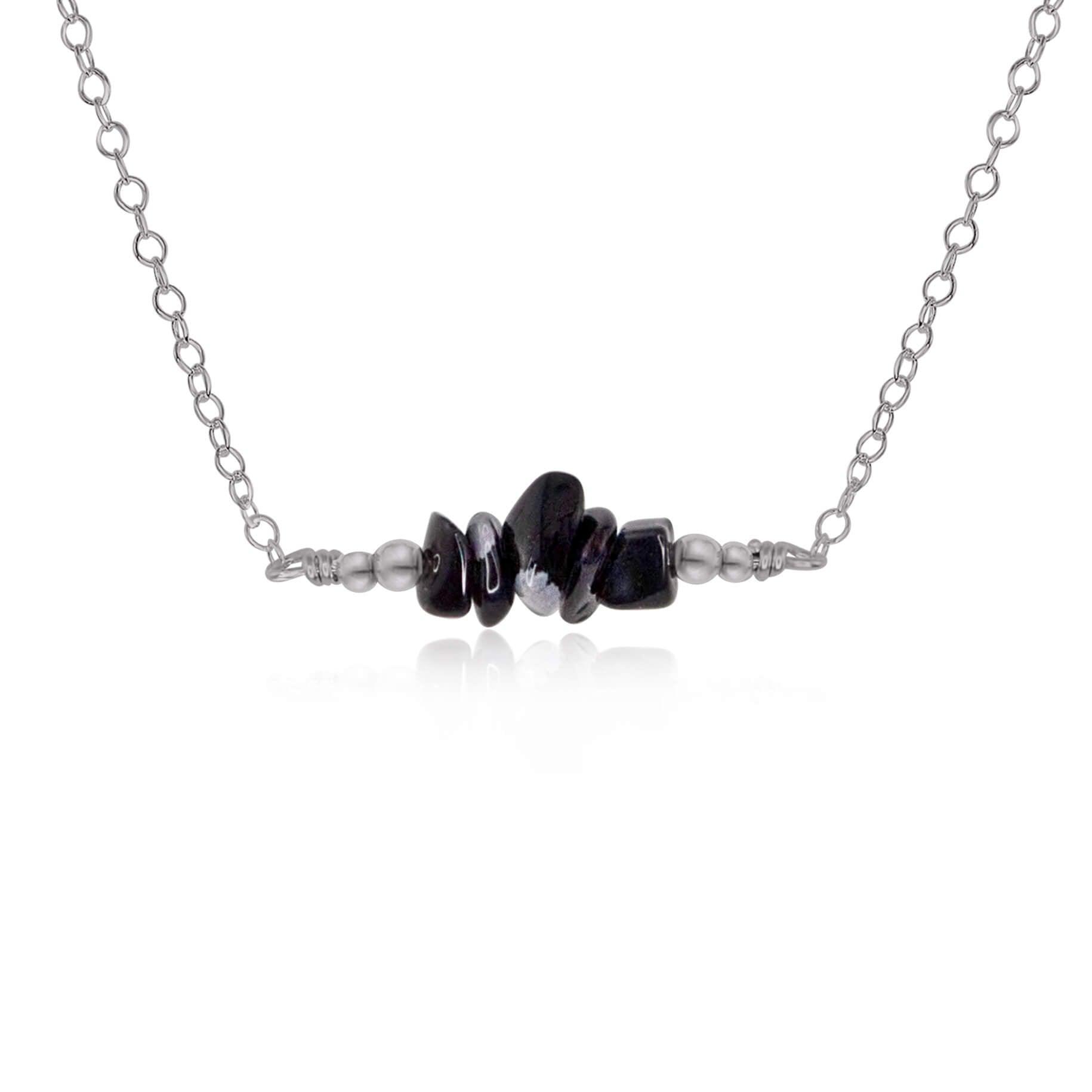 Obsidian Chip Bead Bar Necklace - Obsidian Chip Bead Bar Necklace - Stainless Steel - Luna Tide Handmade Crystal Jewellery