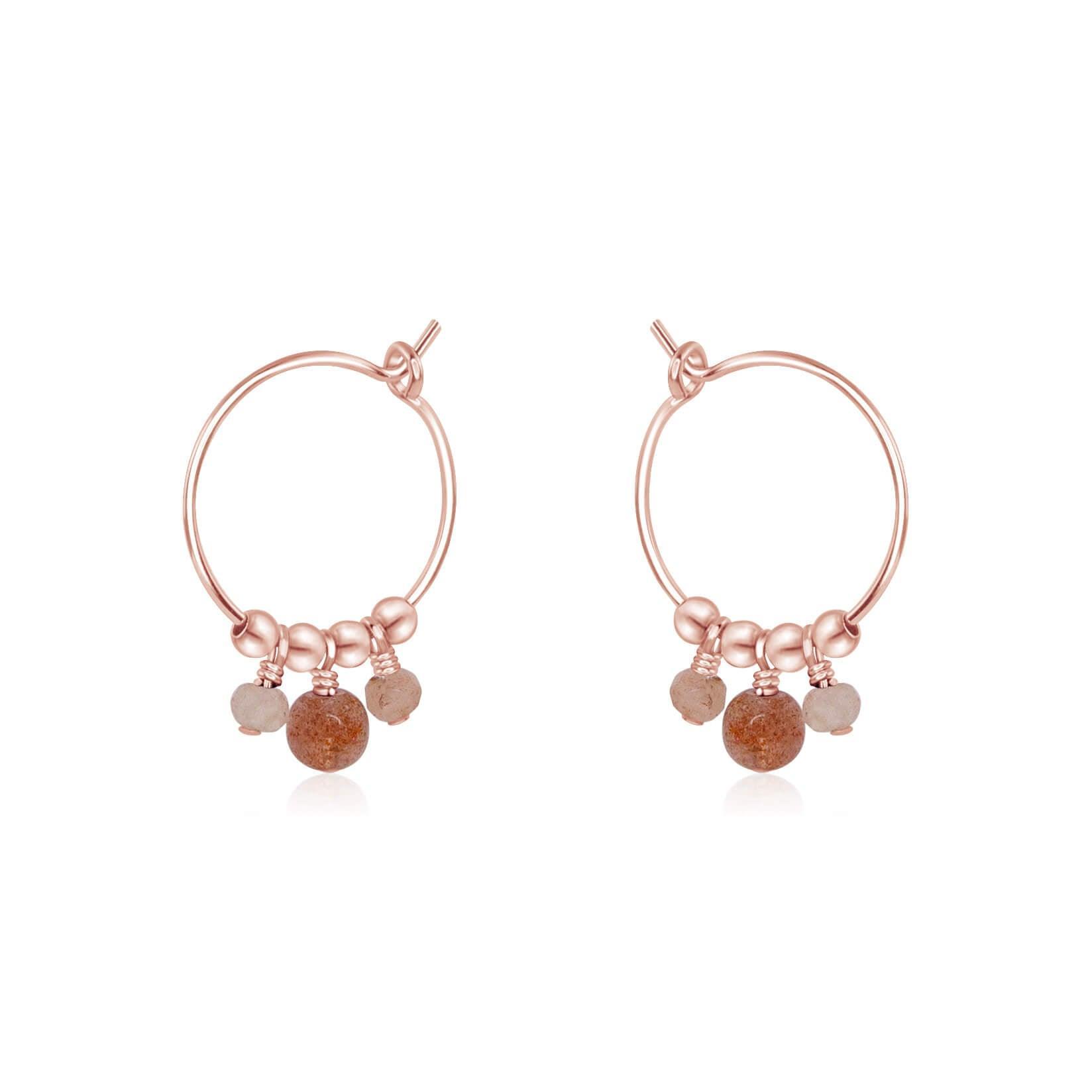 Orange Sunstone Gemstone Bead Drop Hoop Earrings - Orange Sunstone Gemstone Bead Drop Hoop Earrings - 14k Rose Gold Fill - Luna Tide Handmade Crystal Jewellery