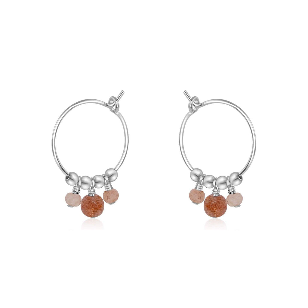 Orange Sunstone Gemstone Bead Drop Hoop Earrings - Orange Sunstone Gemstone Bead Drop Hoop Earrings - Sterling Silver - Luna Tide Handmade Crystal Jewellery