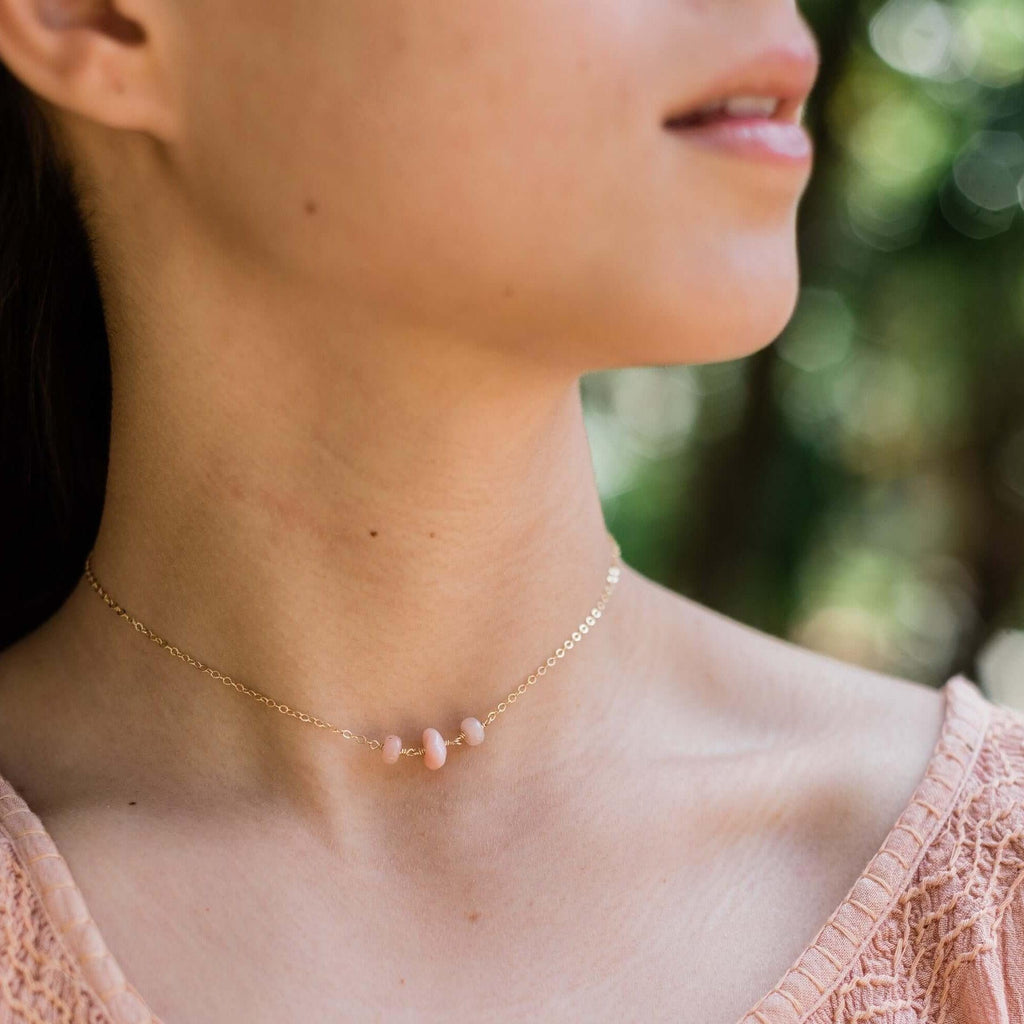 Pink Peruvian Opal Beaded Chain Choker Necklace - Pink Peruvian Opal Beaded Chain Choker Necklace - 14k Gold Fill - Luna Tide Handmade Crystal Jewellery