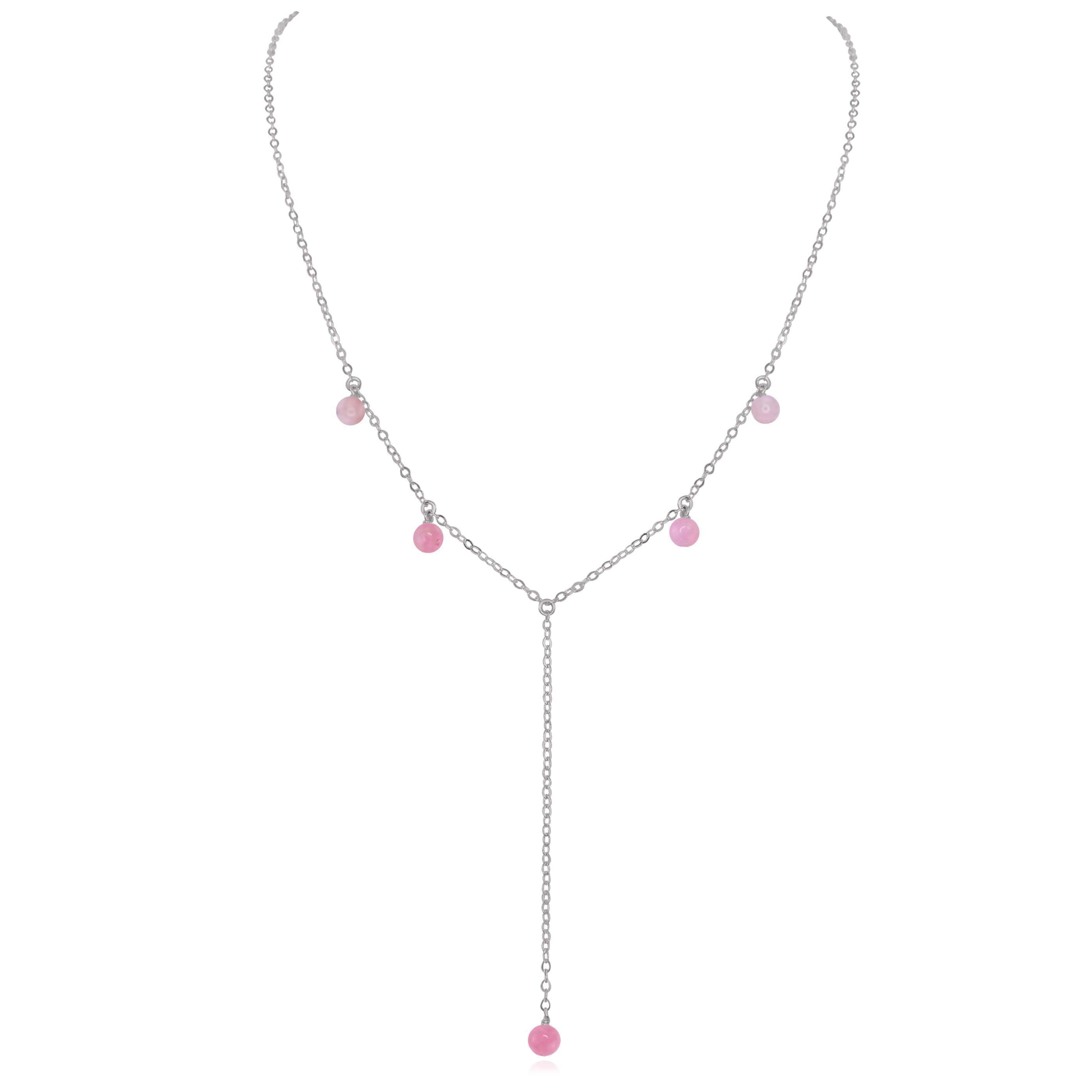 Pink Peruvian Opal Boho Lariat Necklace - Pink Peruvian Opal Boho Lariat Necklace - Stainless Steel - Luna Tide Handmade Crystal Jewellery