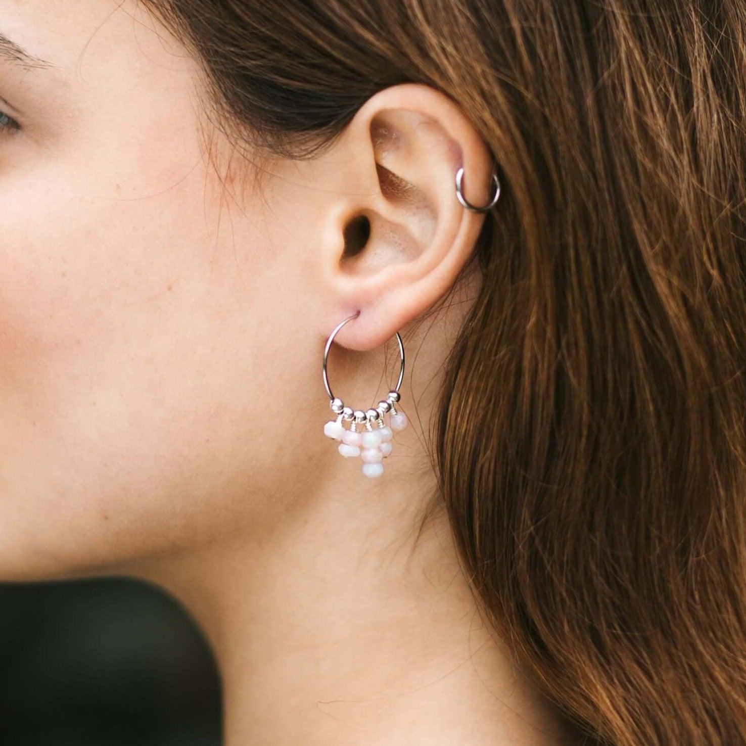 Pink Peruvian Opal Statement Hoop Earrings - Pink Peruvian Opal Statement Hoop Earrings - 14k Gold Fill - Luna Tide Handmade Crystal Jewellery