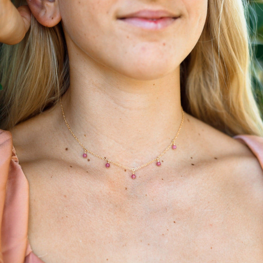 Pink Tourmaline Bead Drop Choker - Pink Tourmaline Bead Drop Choker - Sterling Silver - Luna Tide Handmade Crystal Jewellery