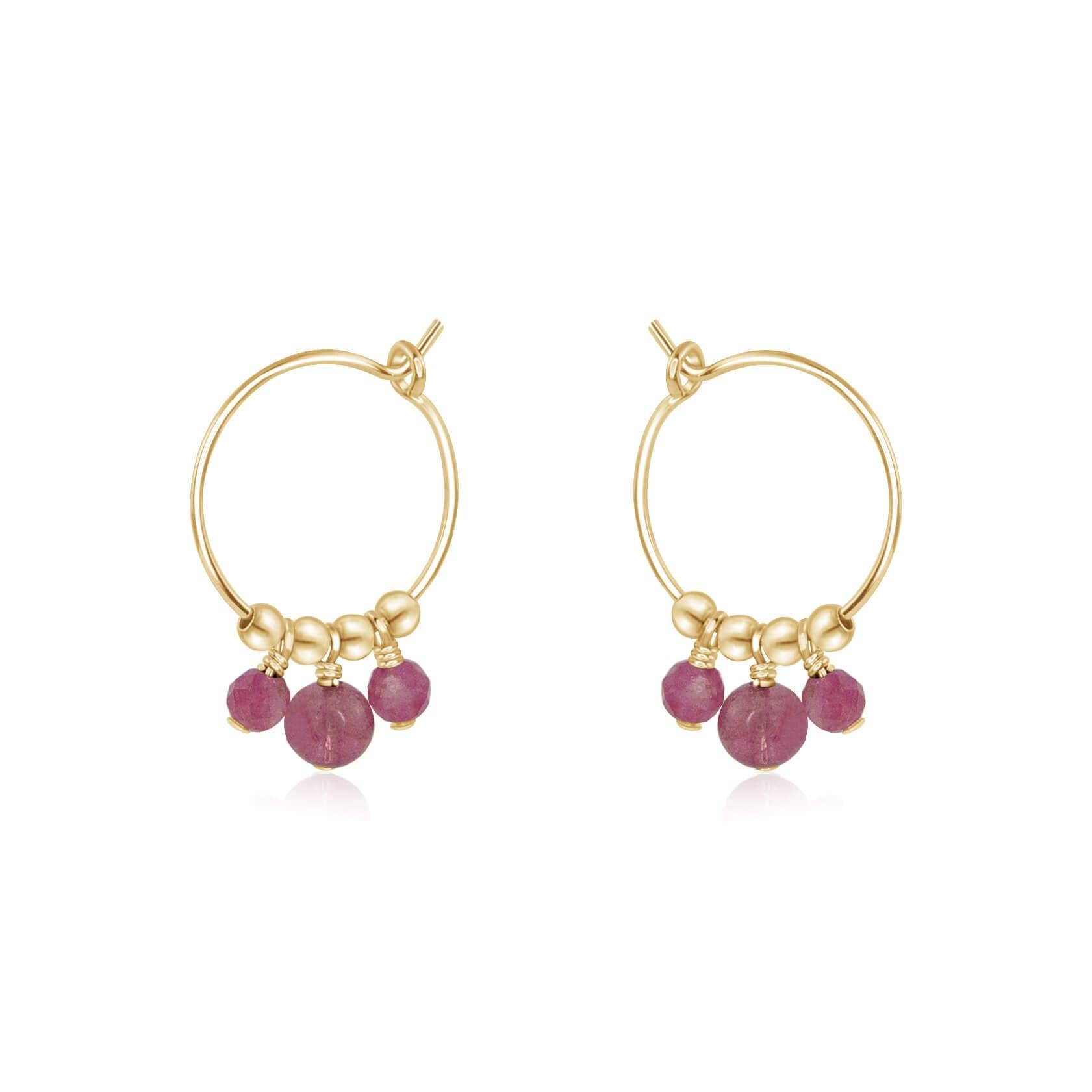 Pink Tourmaline Gemstone Bead Drop Hoop Earrings - Pink Tourmaline Gemstone Bead Drop Hoop Earrings - 14k Gold Fill - Luna Tide Handmade Crystal Jewellery