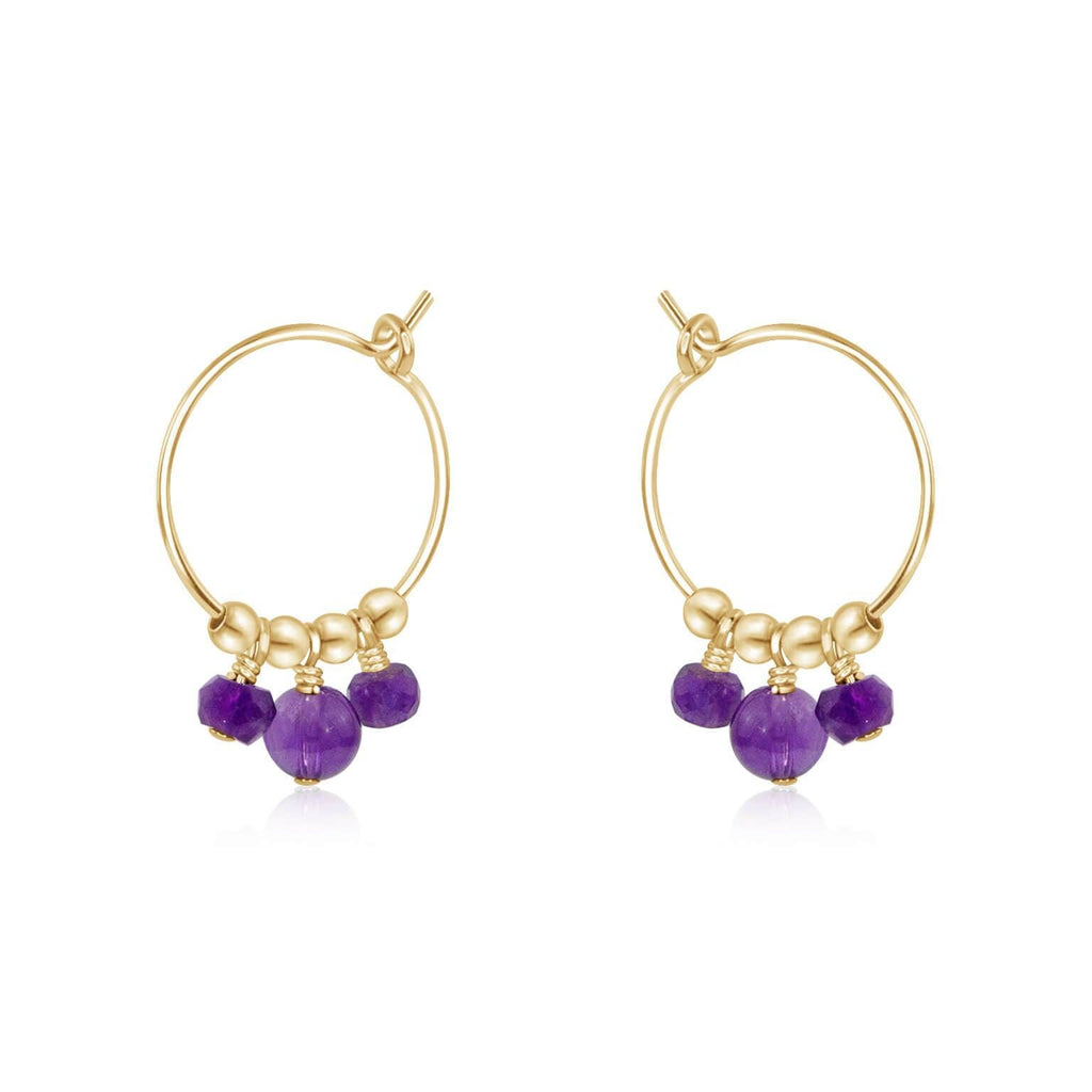 Purple Amethyst Gemstone Bead Drop Hoop Earrings - Purple Amethyst Gemstone Bead Drop Hoop Earrings - 14k Gold Fill - Luna Tide Handmade Crystal Jewellery
