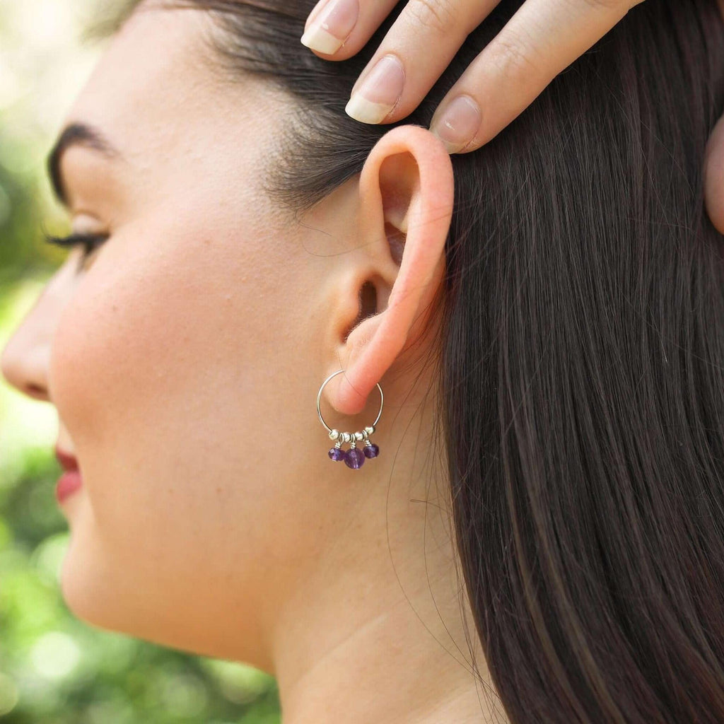 Purple Amethyst Gemstone Bead Drop Hoop Earrings - Purple Amethyst Gemstone Bead Drop Hoop Earrings - Sterling Silver - Luna Tide Handmade Crystal Jewellery