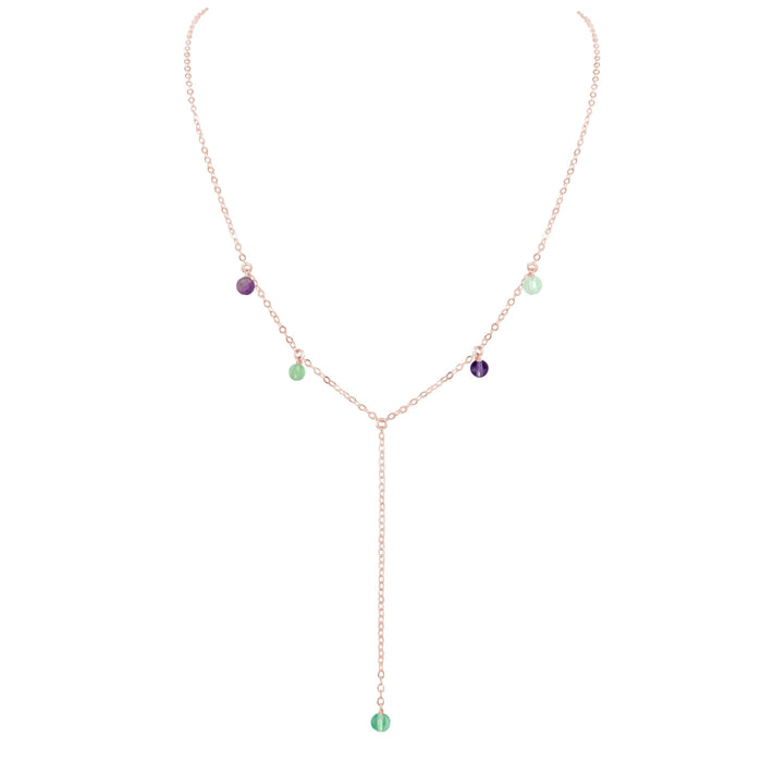 Rainbow Fluorite Crystal Boho Lariat Necklace - Rainbow Fluorite Crystal Boho Lariat Necklace - 14k Rose Gold Fill - Luna Tide Handmade Crystal Jewellery
