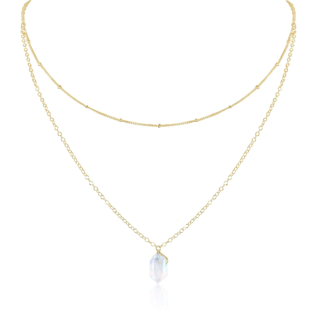 Rainbow Moonstone Double Terminated Crystal Chain Layered Choker Necklace - Rainbow Moonstone Double Terminated Crystal Chain Layered Choker Necklace - 14k Gold Fill - Luna Tide Handmade Crystal Jewellery