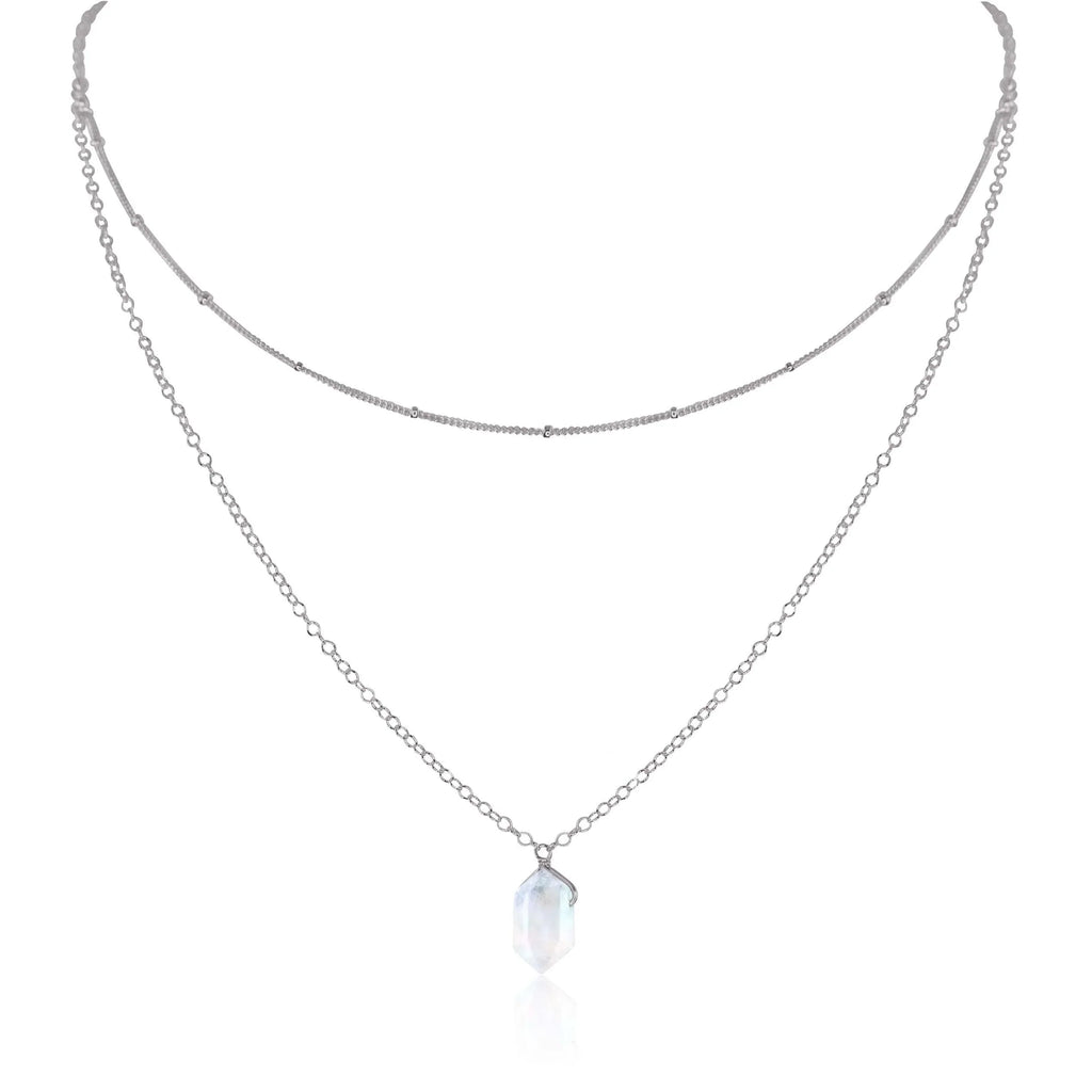 Rainbow Moonstone Double Terminated Crystal Chain Layered Choker Necklace - Rainbow Moonstone Double Terminated Crystal Chain Layered Choker Necklace - Stainless Steel - Luna Tide Handmade Crystal Jewellery