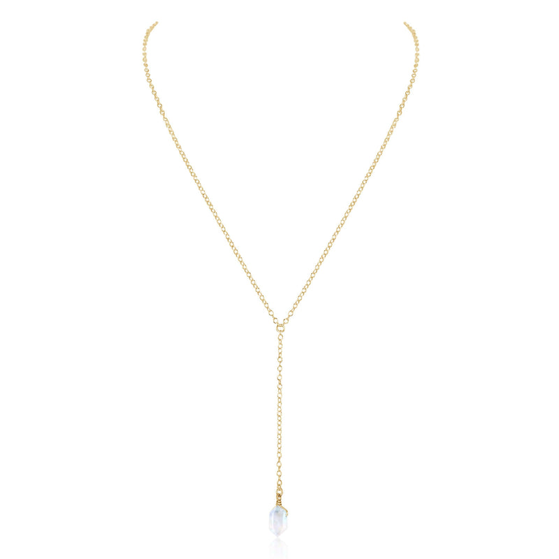 Double Terminated Crystal Lariat - Rainbow Moonstone - 14K Gold Fill - Luna Tide Handmade Jewellery