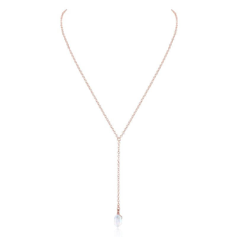 Double Terminated Crystal Lariat - Rainbow Moonstone - 14K Rose Gold Fill - Luna Tide Handmade Jewellery